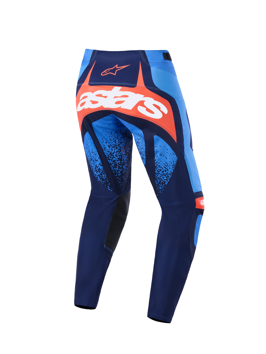 Alpinestars Techstar Nomur-byxor 2026, motocrossbyxor, mörkblå, orange och UCLA-blå, vy bakifrån med en framträdande vit astars-logotyp på en orange panel, flerpanelsdesign med ljusblå accenter, svarta innerpaneler vid knäna, hållbar utrustning för terrängkörning