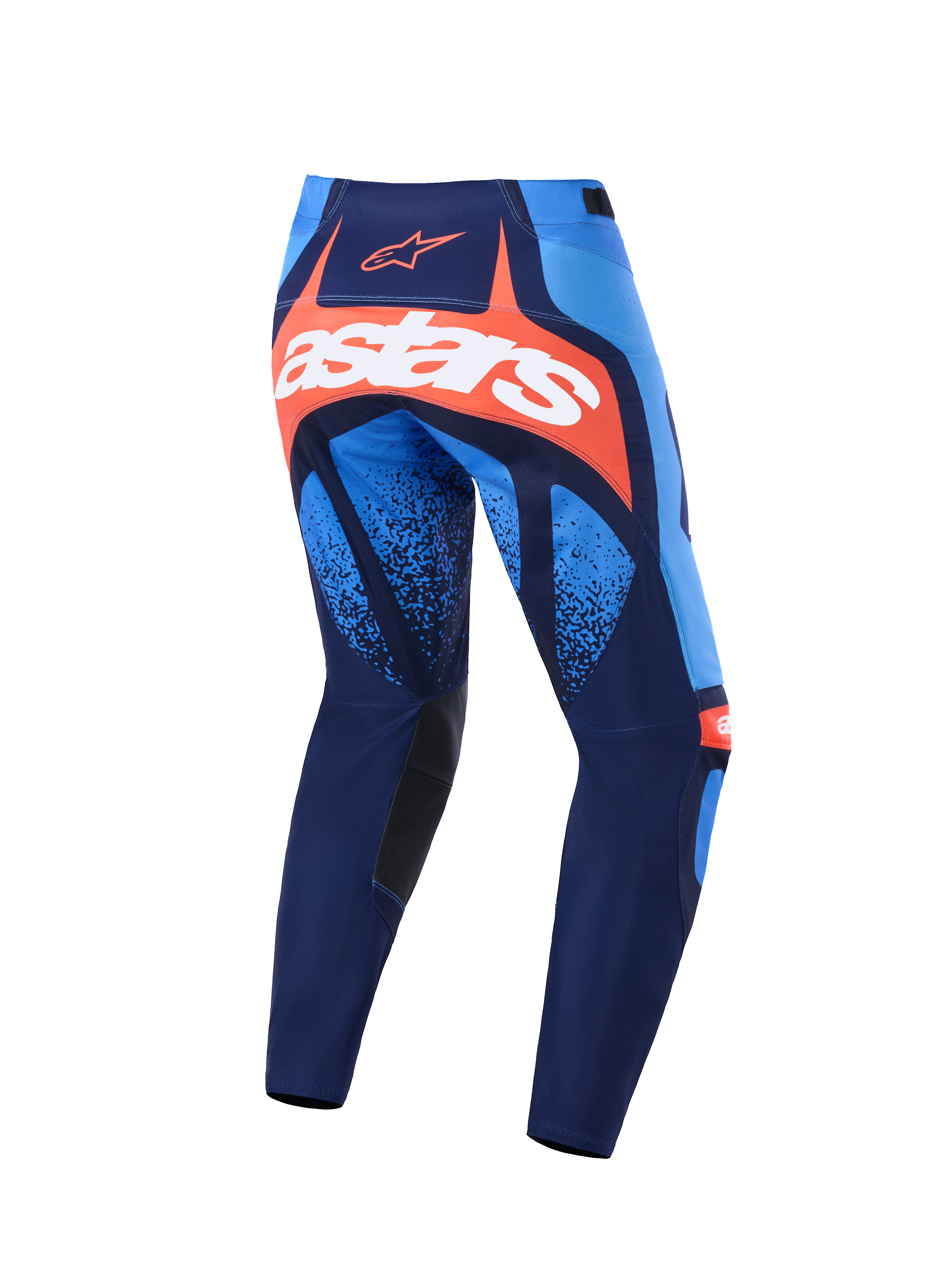 Alpinestars Techstar Nomur-byxor 2026, motocrossbyxor, mörkblå, orange och UCLA-blå, vy bakifrån med en framträdande vit astars-logotyp på en orange panel, flerpanelsdesign med ljusblå accenter, svarta innerpaneler vid knäna, hållbar utrustning för terrängkörning