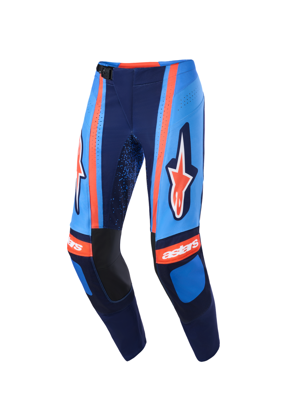 Alpinestars 2026 Techstar Nomur byxor, motocrossbyxor, mörkblå, orange och UCLA-blå, med tydlig Alpinestars-logotyp på låren, 'astars'-logotyp på knäna, magnetiskt midjespänne och laserskurna perforeringar för luftflöde, högpresterande off-road-utrustning