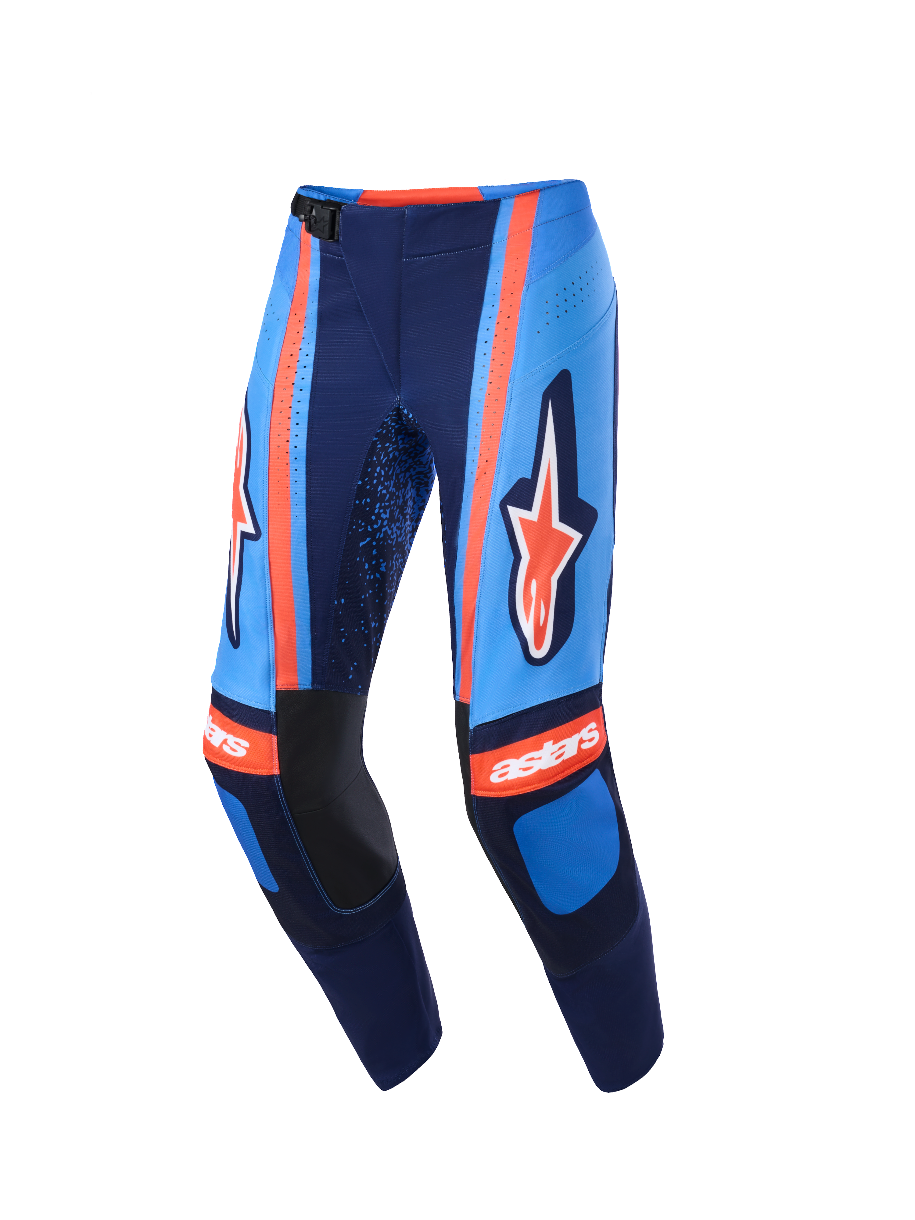 Alpinestars 2026 Techstar Nomur byxor, motocrossbyxor, mörkblå, orange och UCLA-blå, med tydlig Alpinestars-logotyp på låren, 'astars'-logotyp på knäna, magnetiskt midjespänne och laserskurna perforeringar för luftflöde, högpresterande off-road-utrustning