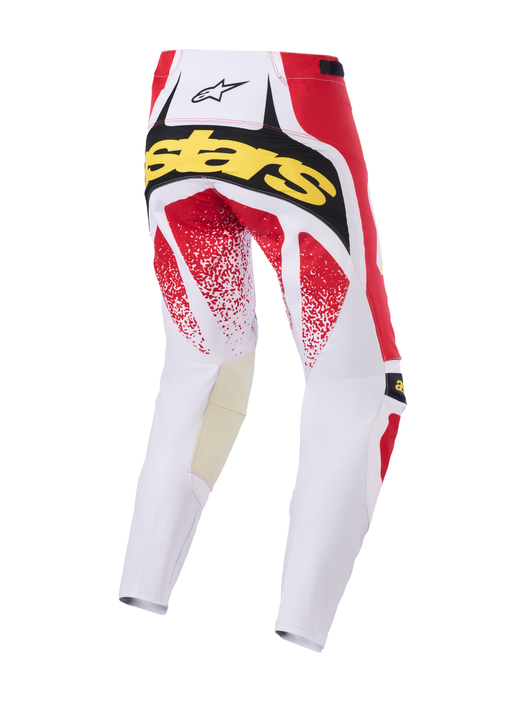 Alpinestars 2026 Techstar Nomur-byxor, motocrossbyxor, vita, röda och svarta, baksida med gul 'Stars'-logotyp och röd spräcklig grafik, hållbar konstruktion med flera paneler för terrängkörning