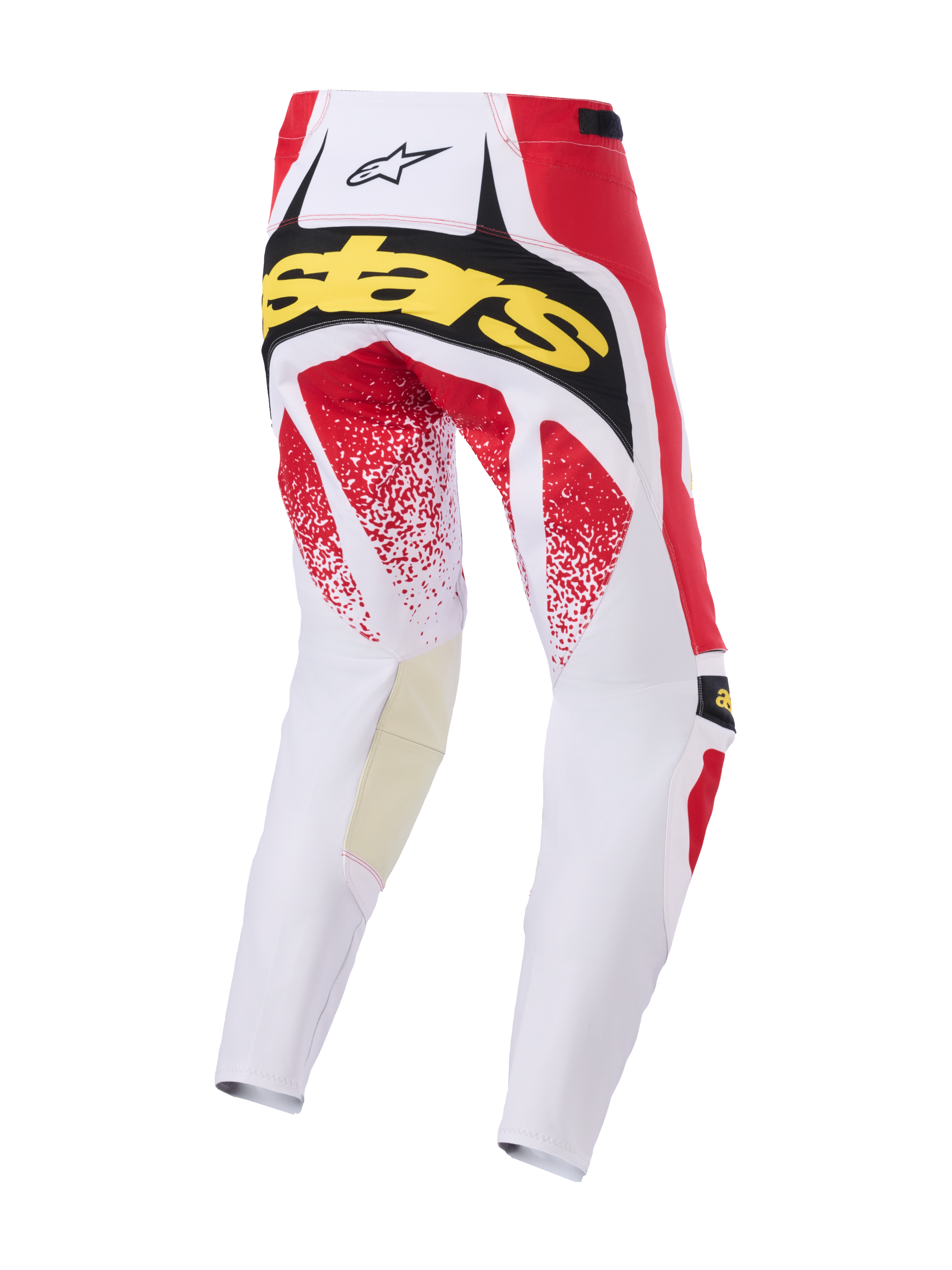 Alpinestars 2026 Techstar Nomur-byxor, motocrossbyxor, vita, röda och svarta, baksida med gul 'Stars'-logotyp och röd spräcklig grafik, hållbar konstruktion med flera paneler för terrängkörning