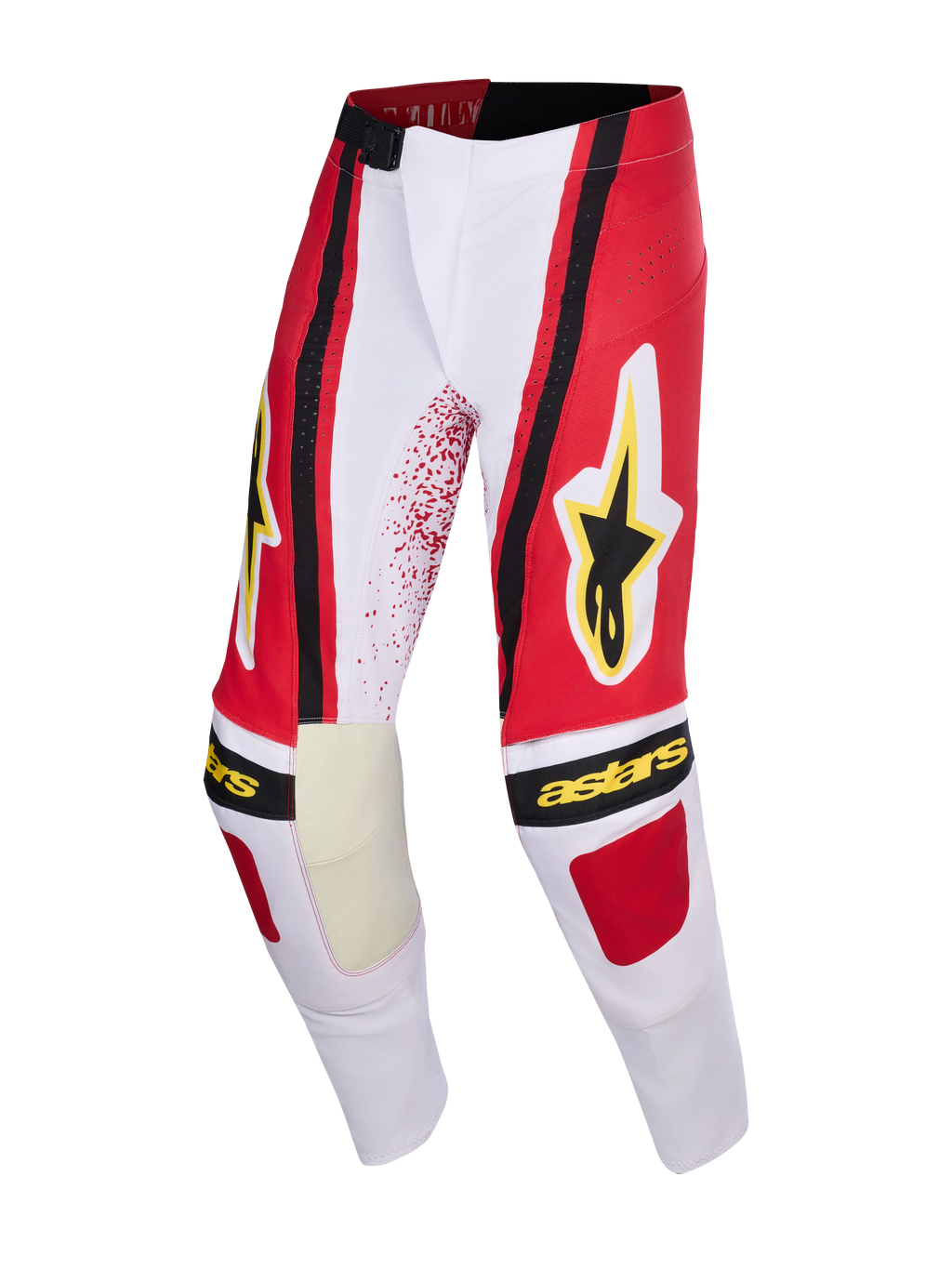 Alpinestars 2026 Techstar Nomur-byxor, motocrossbyxor, ljusgrå, röda och svarta, med gul Alpinestars-stjärnlogotyp och text, förstärkta innerpaneler vid knäna, atletisk race-fit-design för terrängkörning