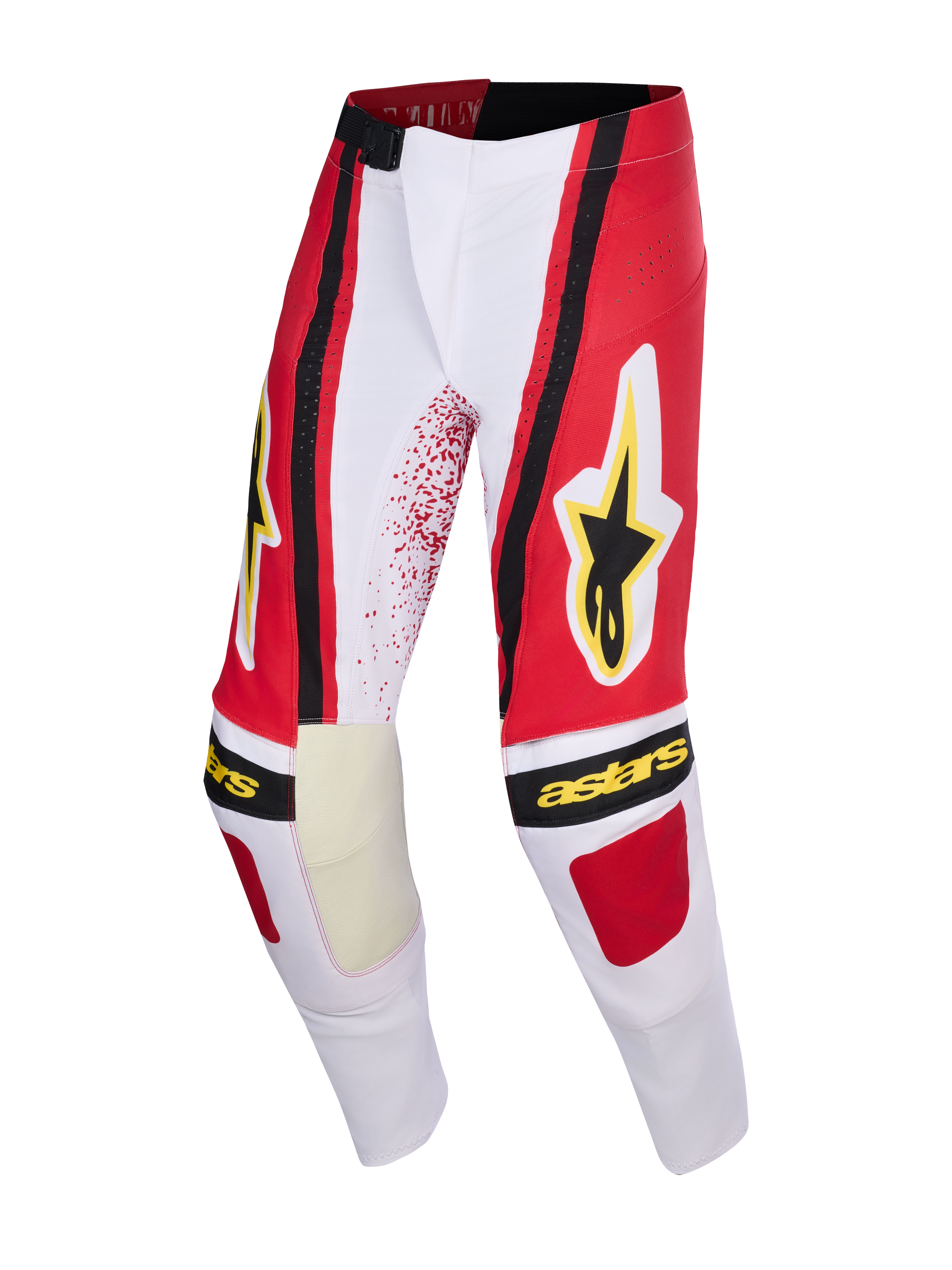 Alpinestars 2026 Techstar Nomur-byxor, motocrossbyxor, ljusgrå, röda och svarta, med gul Alpinestars-stjärnlogotyp och text, förstärkta innerpaneler vid knäna, atletisk race-fit-design för terrängkörning