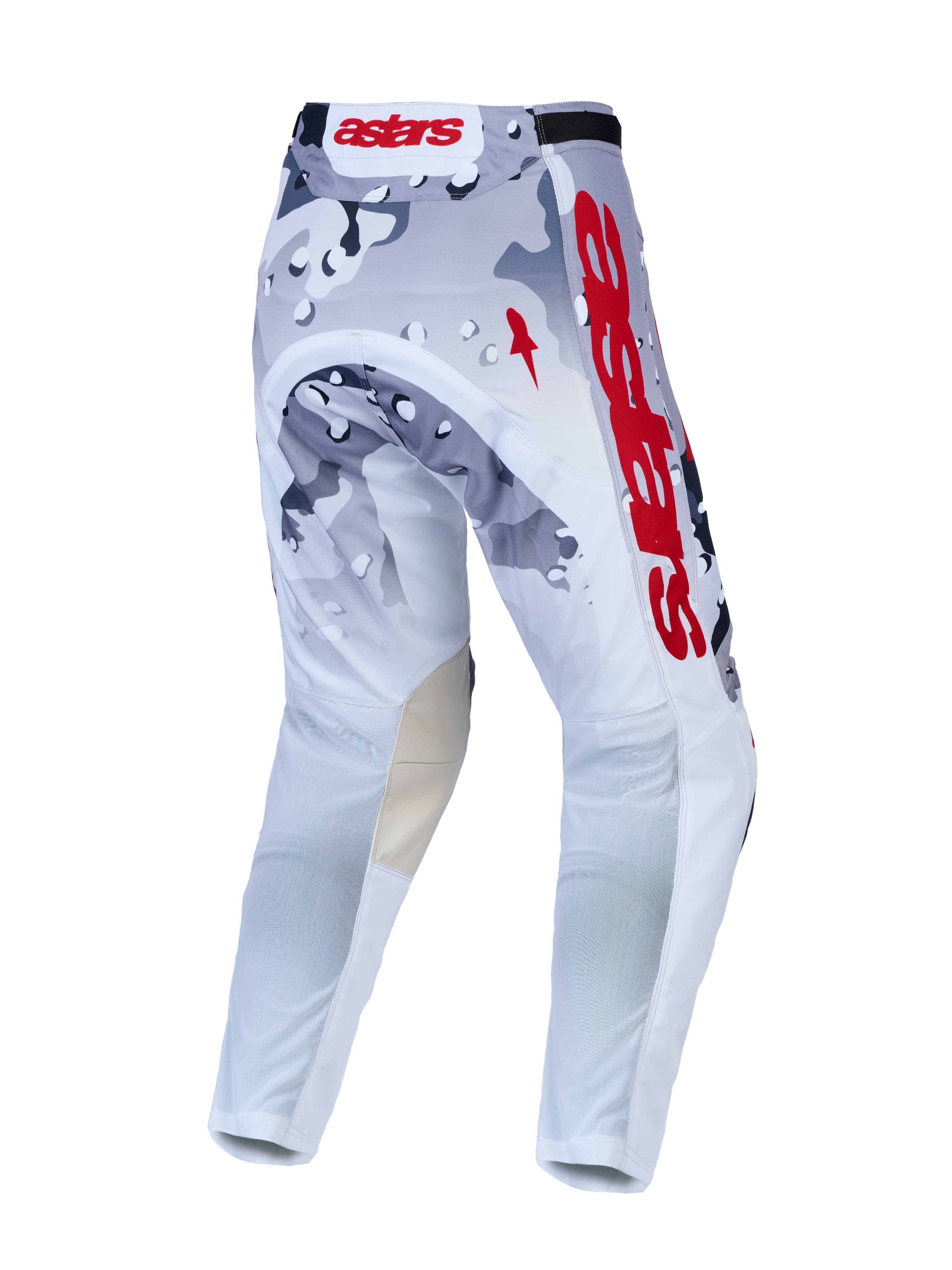 Alpinestars Racer Air Lone byxor, motocrossbyxor för herrar i grå camo och vit med röda detaljer, ventilerande perforerat material för terrängkörning