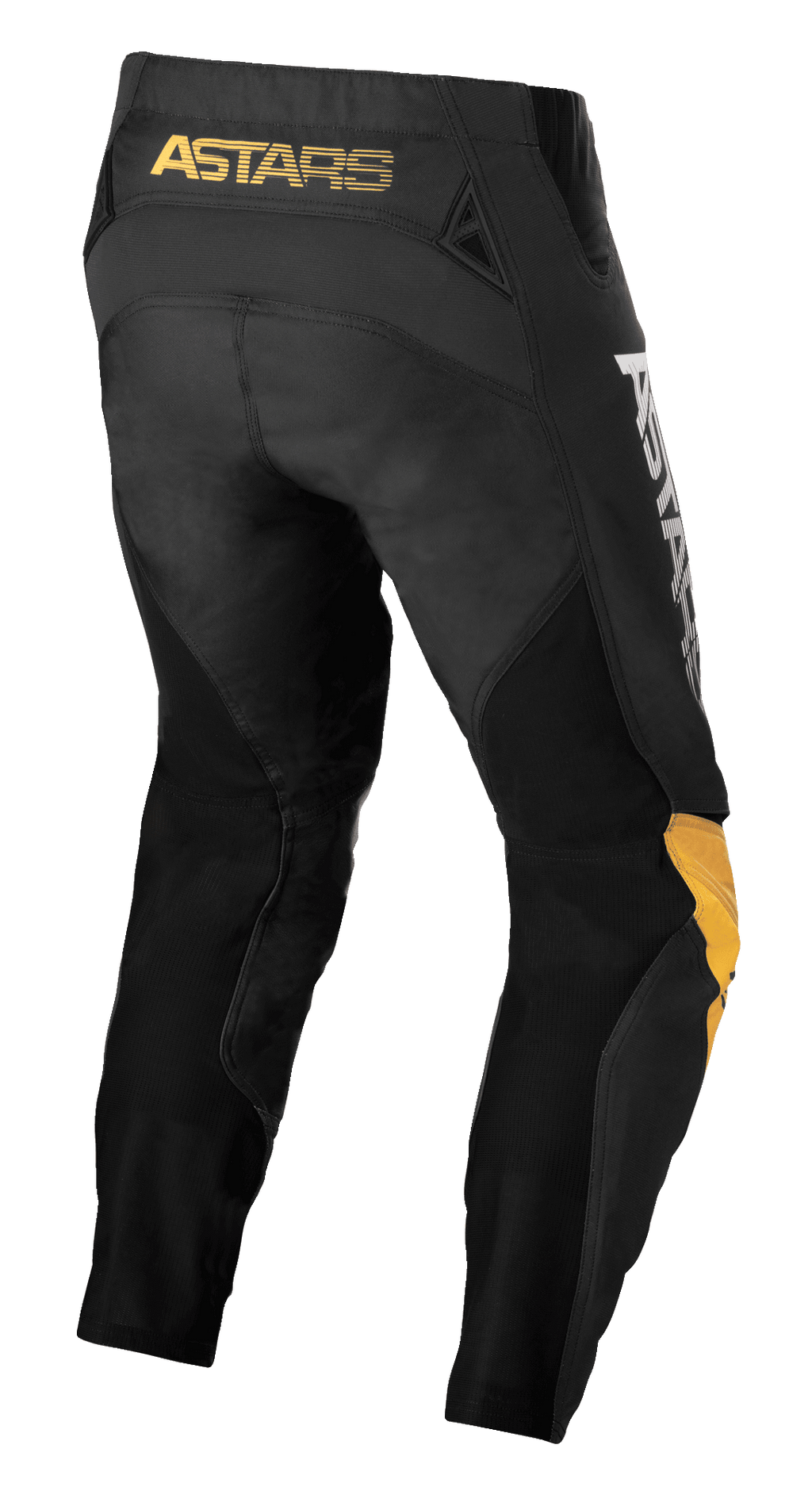 Alpinestars Techstar Quadro-byxor, motocrossbyxor, svarta, gula och orange, bakvy med gul 'ASTARS'-logotyp på linningen, svarta mesh-insatser för ventilation och ergonomiska gula och orangea knäpaneler för hållbarhet vid terrängkörning.
