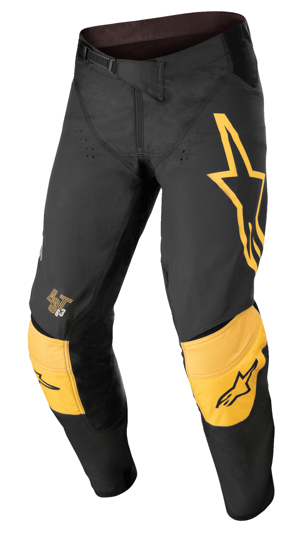 Alpinestars Techstar Quadro byxor, motocrossbyxor för terrängkörning, svarta och gula med tangerine-färgade detaljer, stor gul stjärnlogotyp på vänster lår, förstärkt gul knävaddering med svarta logotyper, ventilationshål och säker spärrstängning i midjan för en högpresterande racingpassform.