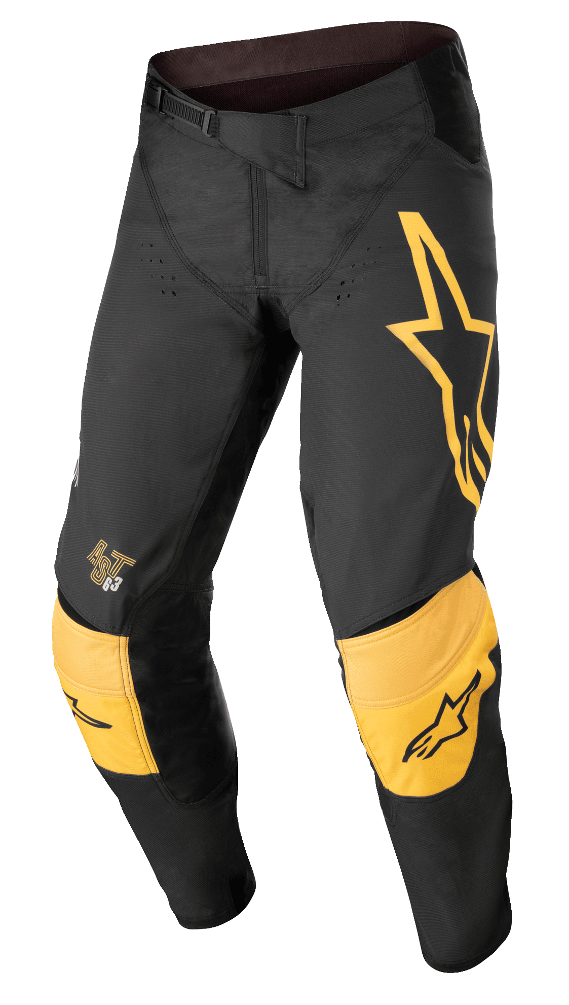 Alpinestars Techstar Quadro byxor, motocrossbyxor för terrängkörning, svarta och gula med tangerine-färgade detaljer, stor gul stjärnlogotyp på vänster lår, förstärkt gul knävaddering med svarta logotyper, ventilationshål och säker spärrstängning i midjan för en högpresterande racingpassform.