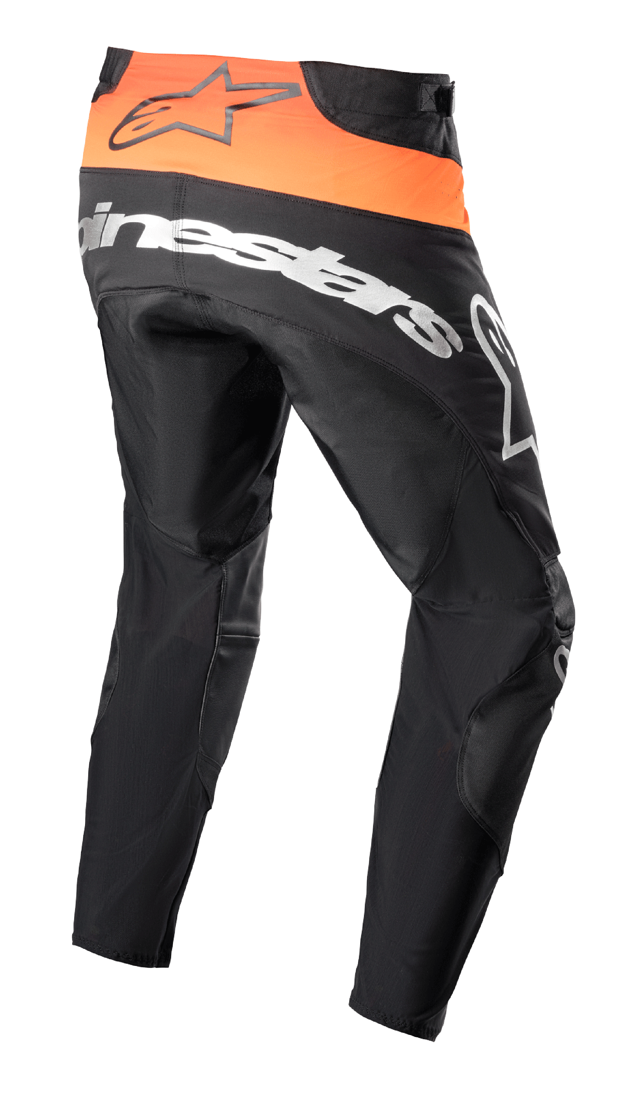 Alpinestars 2023 Techstar Sein Pants, Motocross Pants, Black and Hot Orange, rear view showing bright orange waist panel with black logo, large white Alpinestars branding across the seat, and reinforced textile construction for off-road racing.