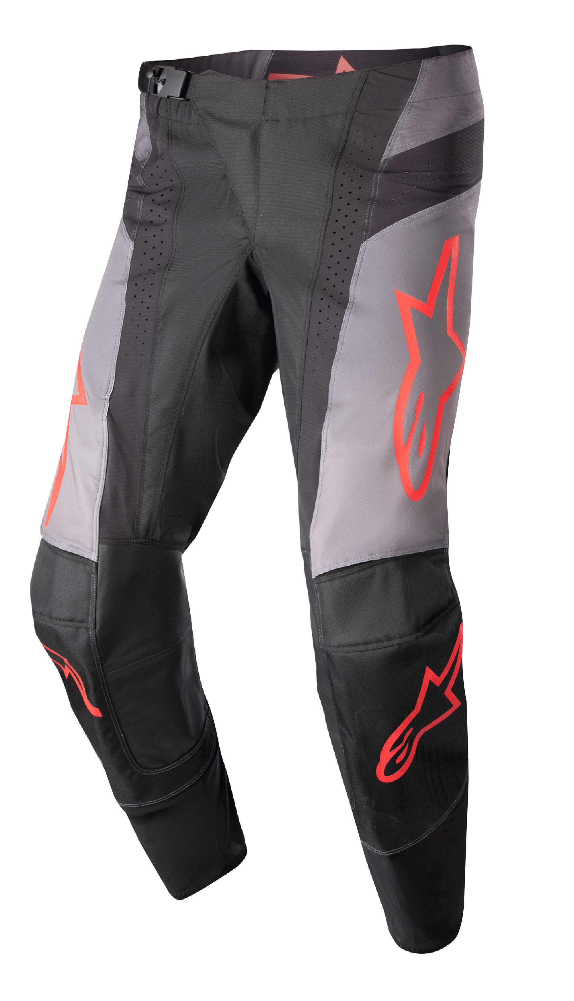 Alpinestars 2023 Techstar Sein byxor, motocrossbyxor, svarta och grå med neonröd stjärngrafik, perforerade ventilationszoner, magnetiskt midjespänne, förstärkt 3D Babel-knäkonstruktion för terrängkörning