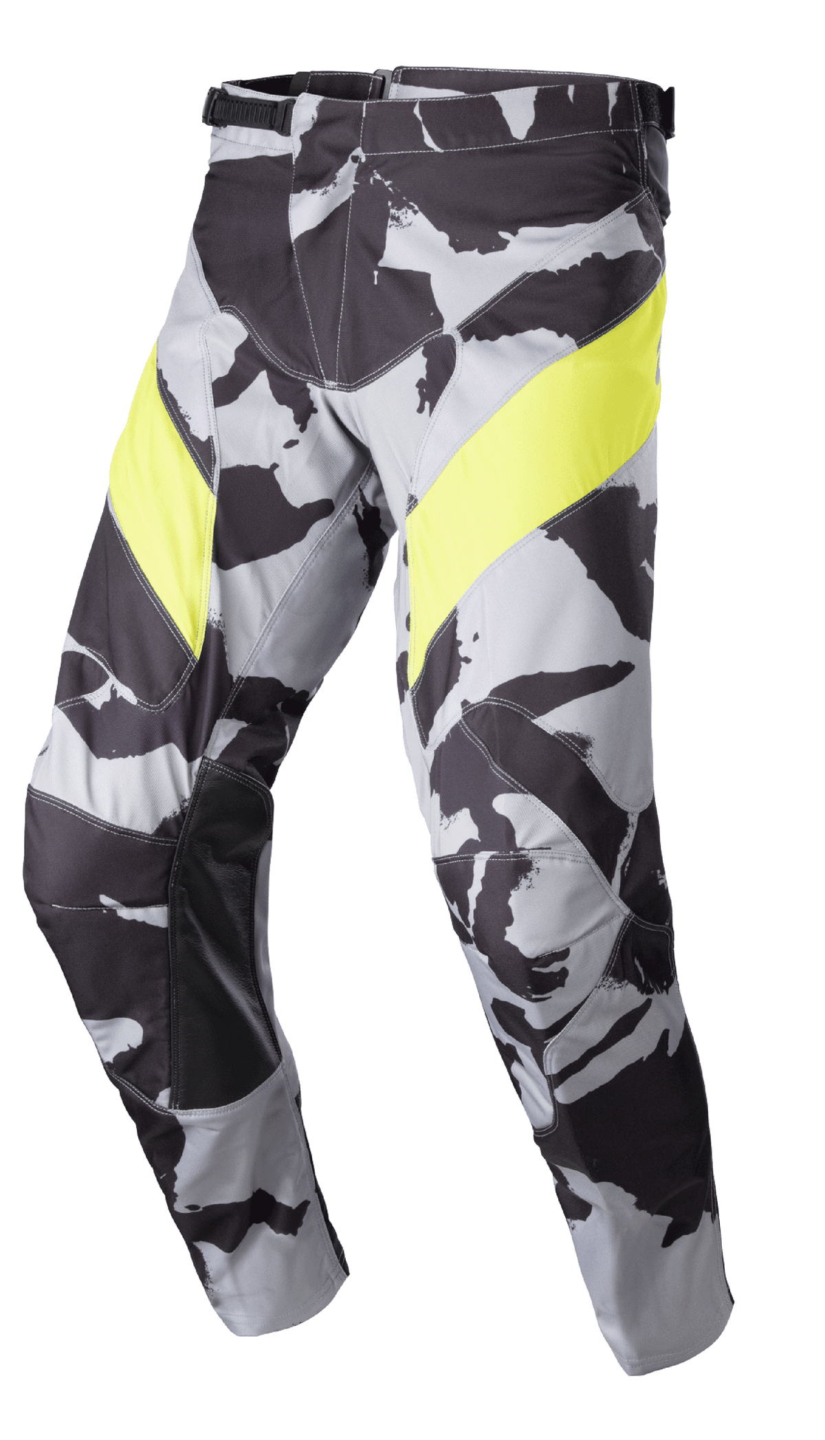 Alpinestars 2023 Racer Tactical Pants, Motocross Pants, Cast Gray Camo and Yellow Fluo, featuring a gray camouflage pattern with bold yellow thigh panels, black leather inner knee reinforcements, and a ratchet waist closure for off-road racing.
