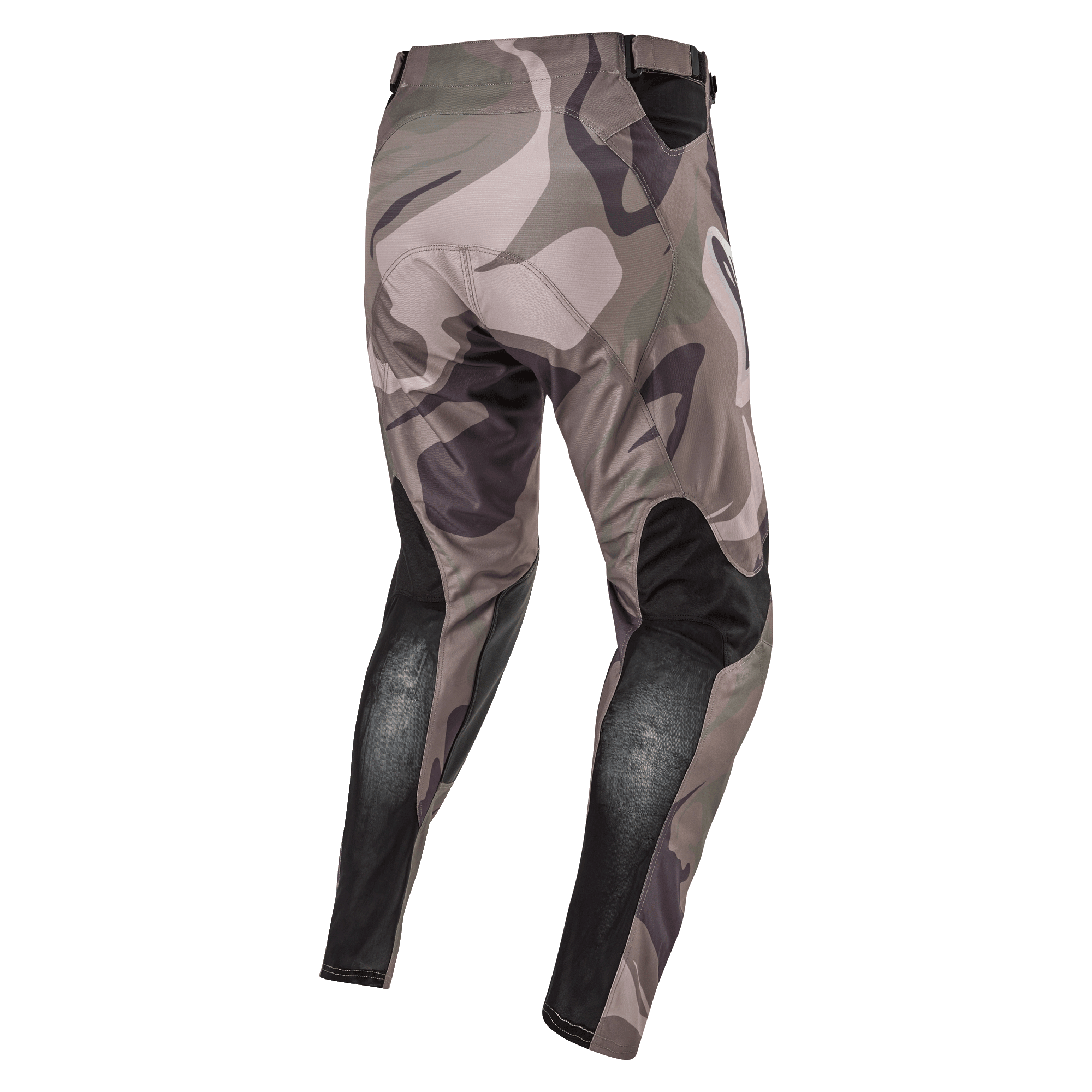 Alpinestars 2024 Racer Tactical Pants, Motocross Pants, Military Green Camo Brown, back view showing black breathable stretch panels on lower legs and camouflage design, durable textile for off-road racing