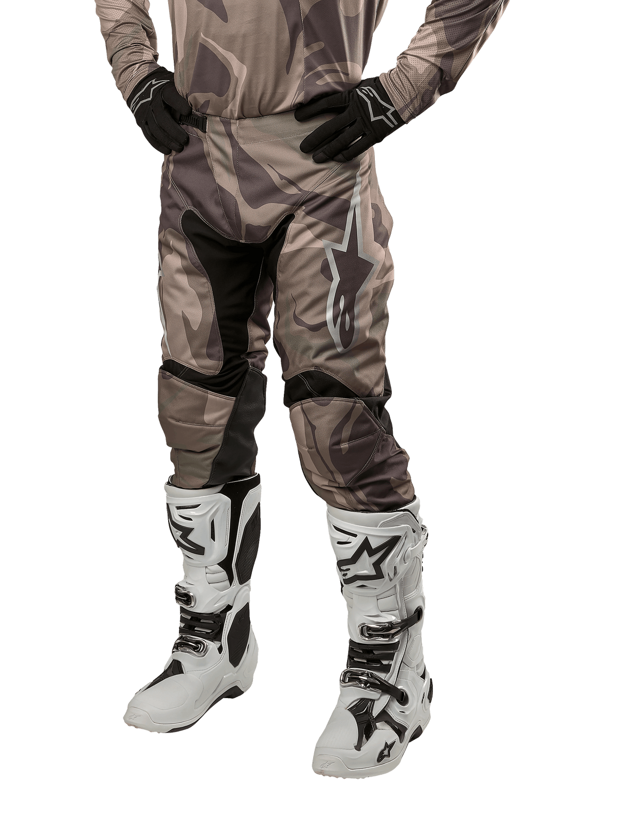 Alpinestars 2024 Racer Tactical Pants, Motocross Pants, Military Green Camo Brown, worn with matching camouflage jersey, black gloves, and white boots with star logos, featuring black stretch panels and ergonomic design, off-road gear setup on white background