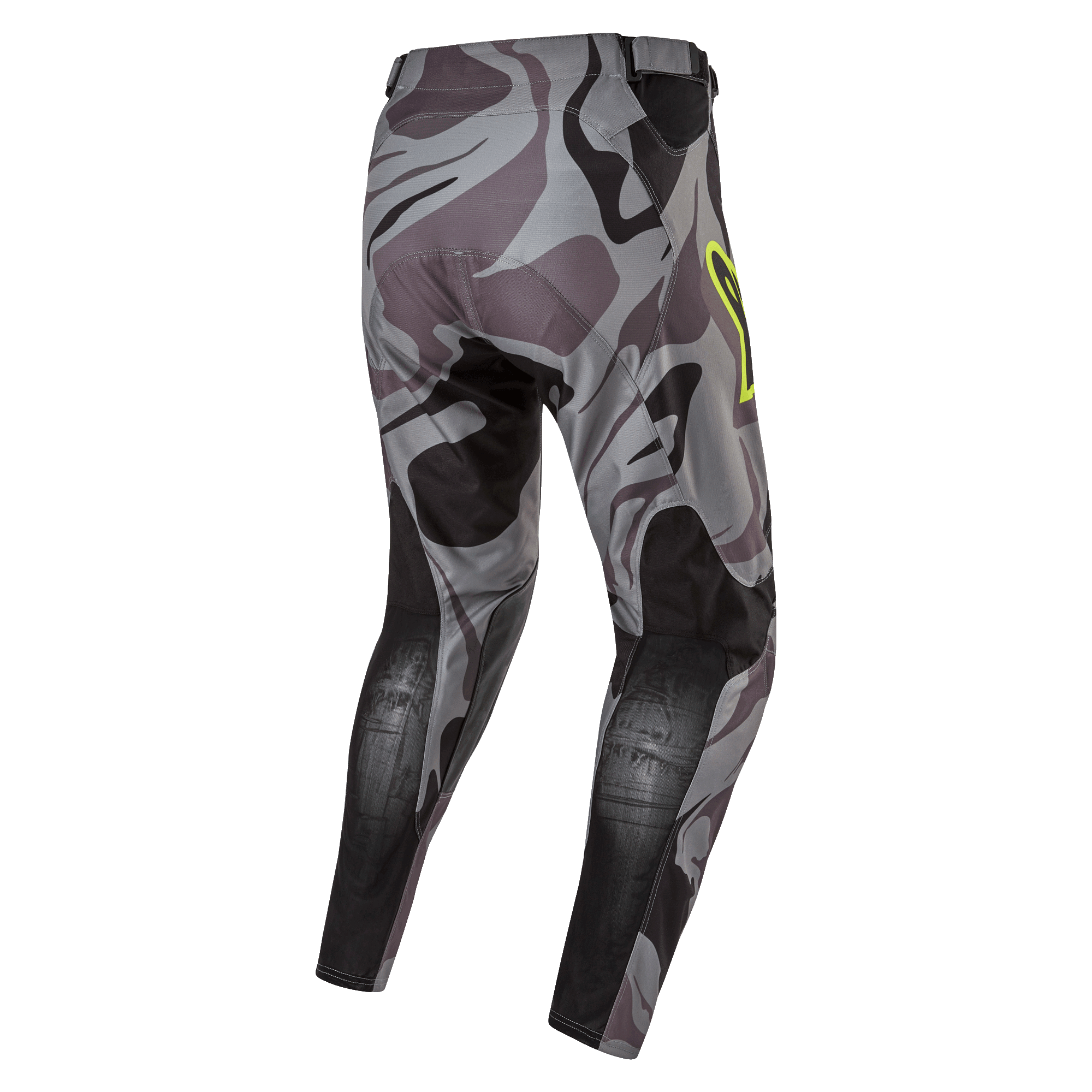 Alpinestars 2024 Racer Tactical byxor, motocrossbyxor, Cast Gray Camo Magnet, baksida som visar grått kamouflagemönster med svarta förstärkta paneler, gul logotypdetalj på höften, tekniskt ripstop-material för terrängkörning