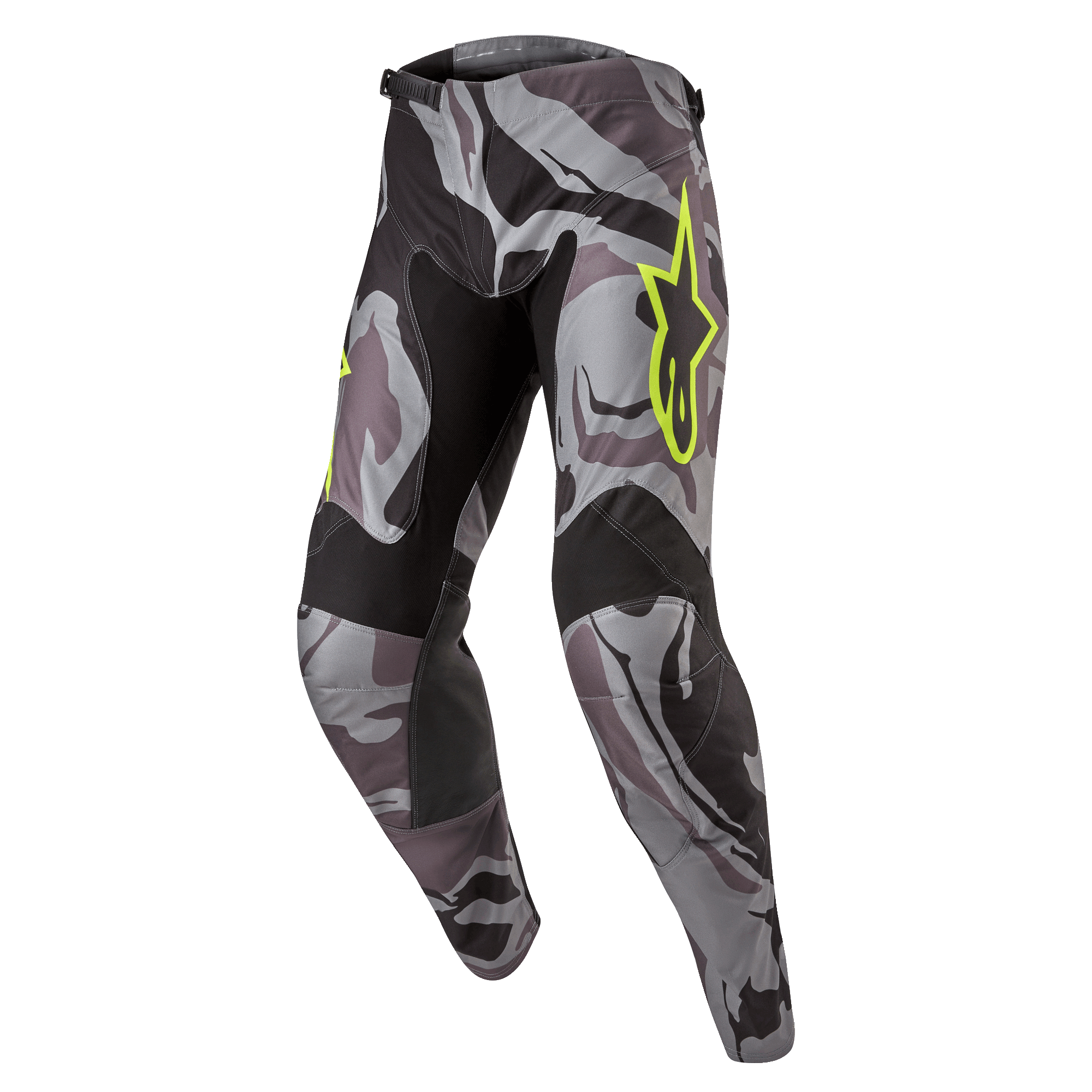 Alpinestars 2024 Racer Tactical byxor, motocrossbyxor, Cast Gray Camo Magnet, grått och svart kamouflagemönster med neongul Alpinestars-logotyp, svarta paneler på innerlår och knän, förböjd sportpassform för terrängkörning
