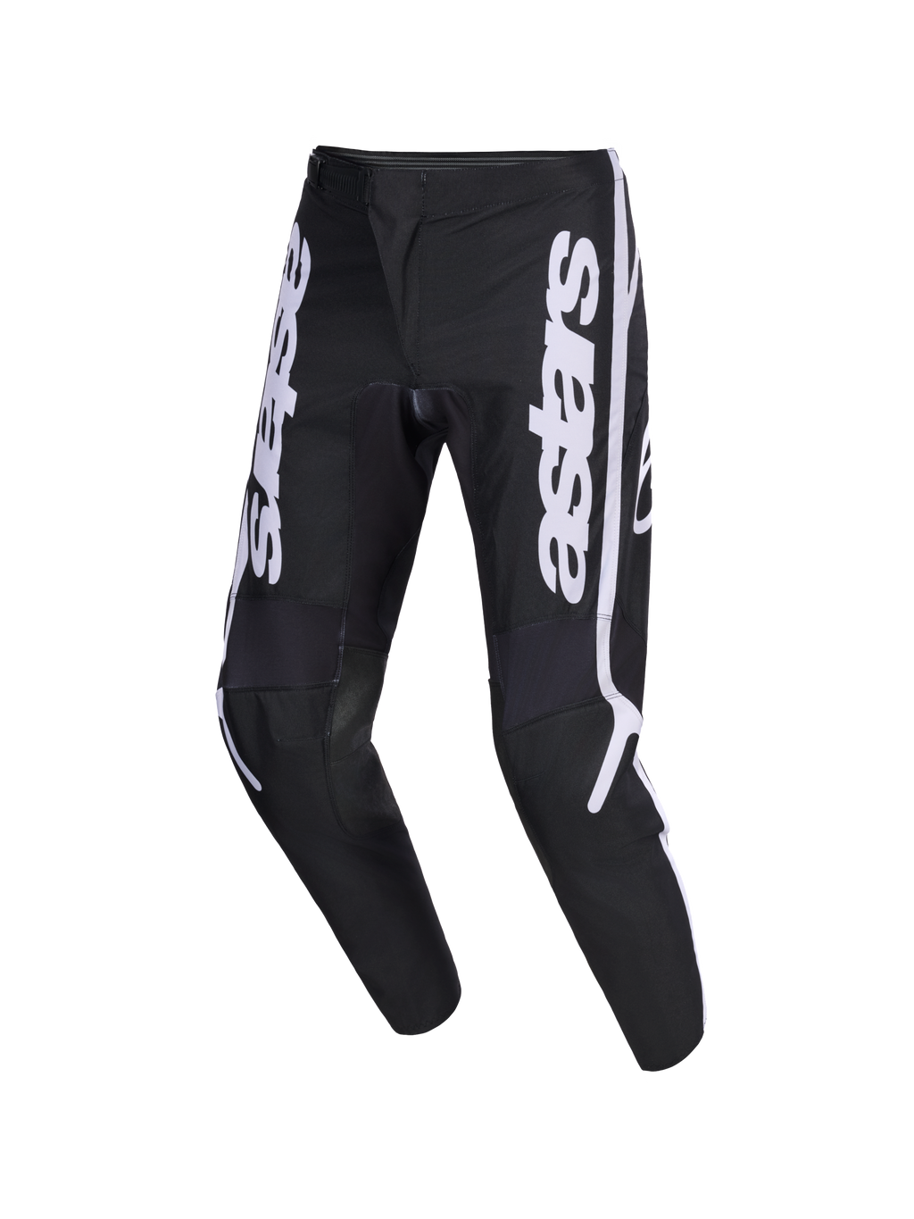Alpinestars 2026 Fluid Apex Pants, Motocross Pants, Black and Gray, featuring white vertical astars logo on the legs, ergonomic pre-curved sport-fit design, durable 600D polyfabric construction for off-road riding