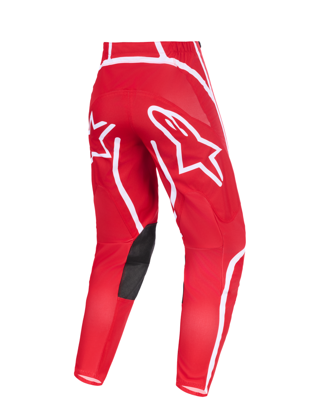 Alpinestars 2026 Fluid Apex Pants, Motocross Pants, Red and White, rear view featuring prominent white star logos on the seat, black synthetic leather inner knee patches, and ergonomic pre-curved design for off-road riding.