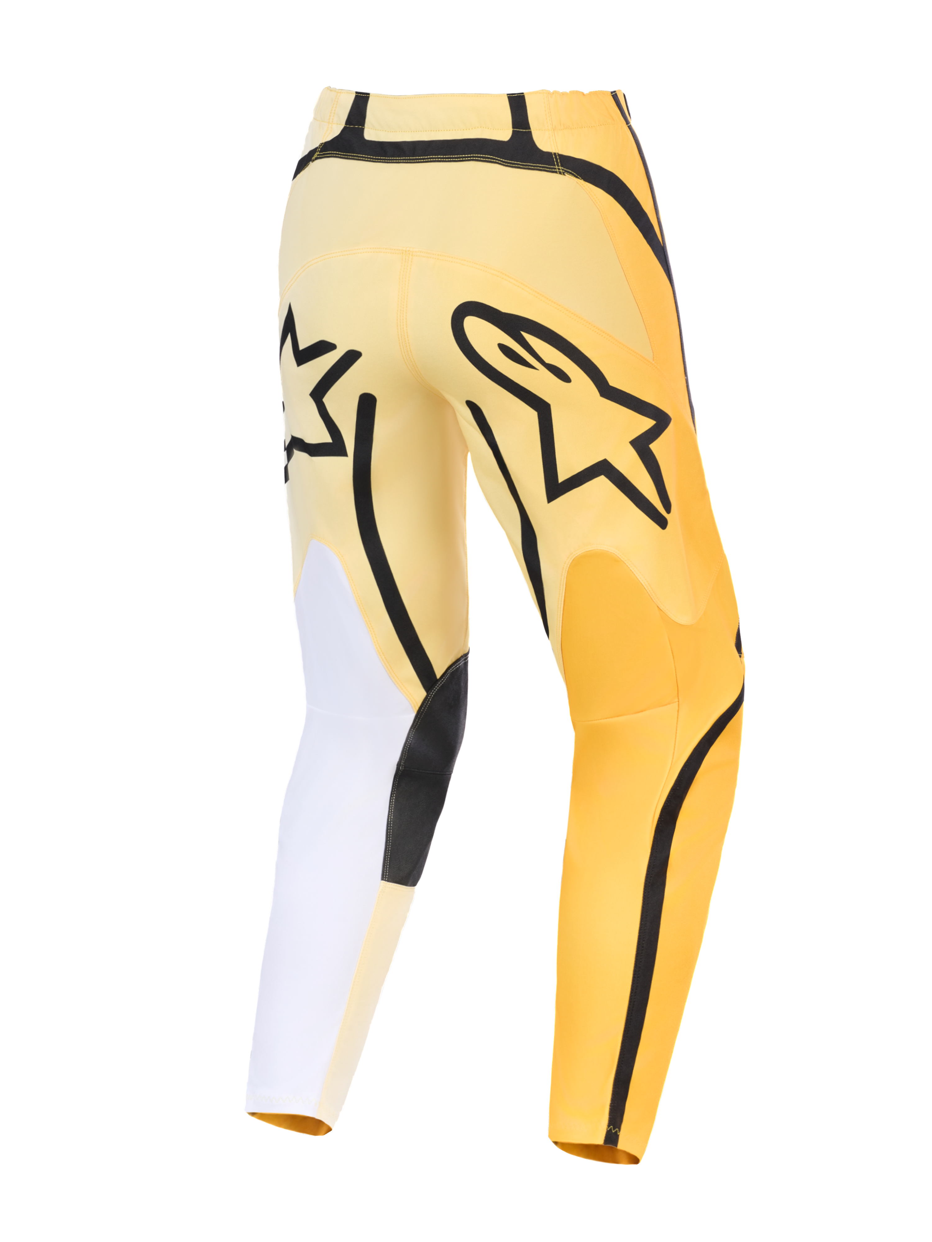 Alpinestars 2026 Fluid Apex byxor, motocrossbyxor, gula och svarta med vita detaljer, baksida med framträdande svart Astars-logotyp, asymmetrisk design med slitstarka förstärkta paneler och förböjd passform