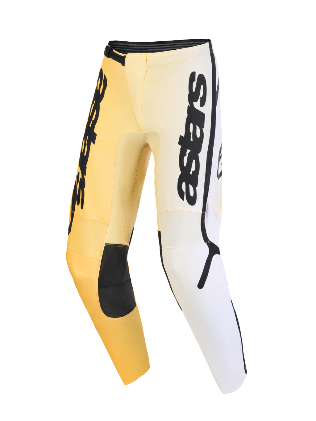 Alpinestars 2026 Fluid Apex byxor, motocrossbyxor, gula, vita och svarta med en tonad färgskala, framträdande vertikal astars-logotyp på låren, svarta förstärkta knäpaneler och en ergonomisk förböjd design för terrängprestanda.