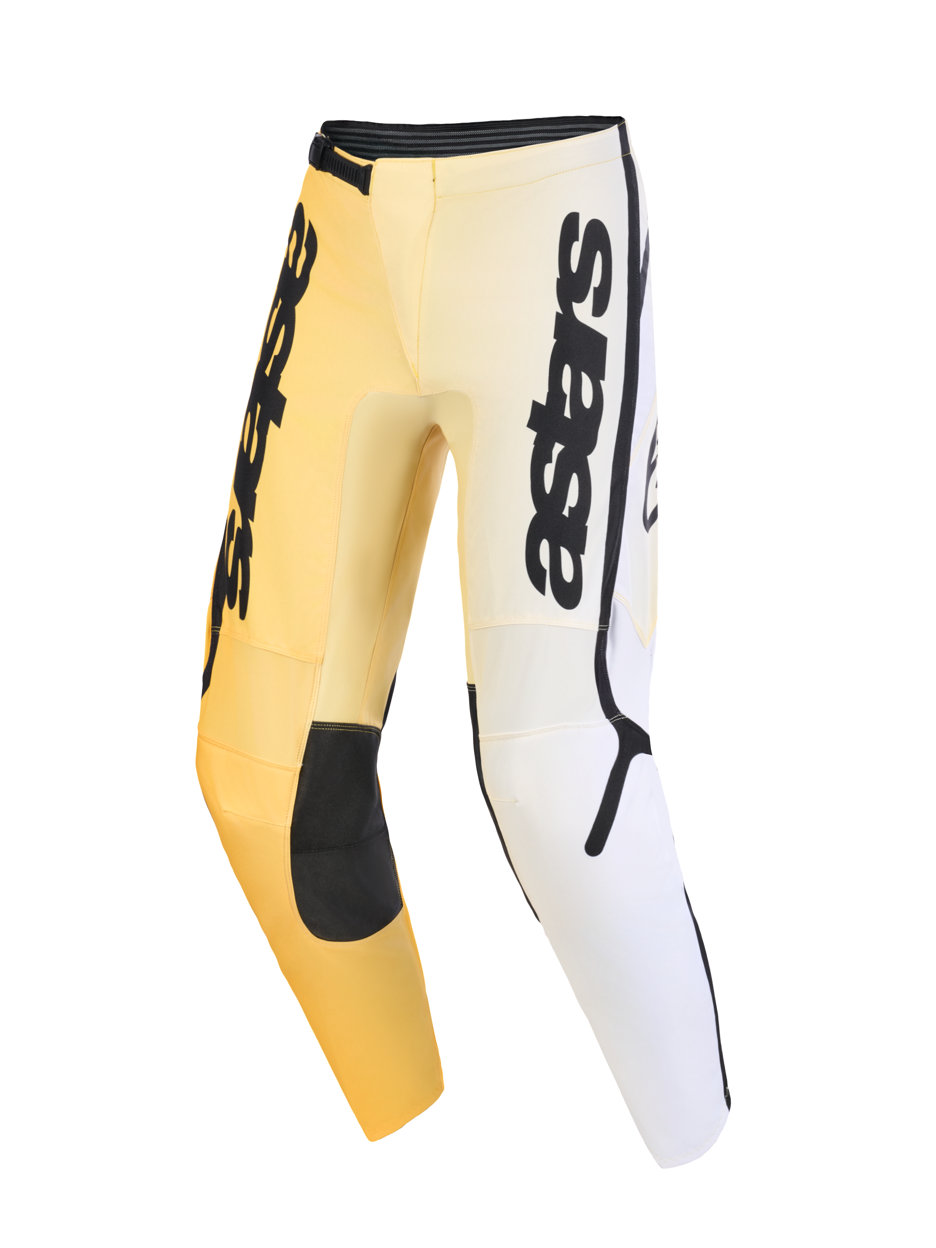 Alpinestars 2026 Fluid Apex byxor, motocrossbyxor, gula, vita och svarta med en tonad färgskala, framträdande vertikal astars-logotyp på låren, svarta förstärkta knäpaneler och en ergonomisk förböjd design för terrängprestanda.