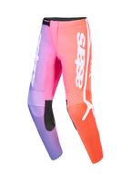 Alpinestars 2026 Fluid Apex-byxor, motocrossbyxor, flerfärgade med lila, rosa och orange toning, med vit astars-logotyp och svarta förstärkta paneler på knänas insida, ergonomisk 3D-design för terrängkörning
