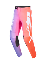 Alpinestars 2026 Fluid Apex-byxor, motocrossbyxor, flerfärgade med lila, rosa och orange toning, med vit astars-logotyp och svarta förstärkta paneler på knänas insida, ergonomisk 3D-design för terrängkörning