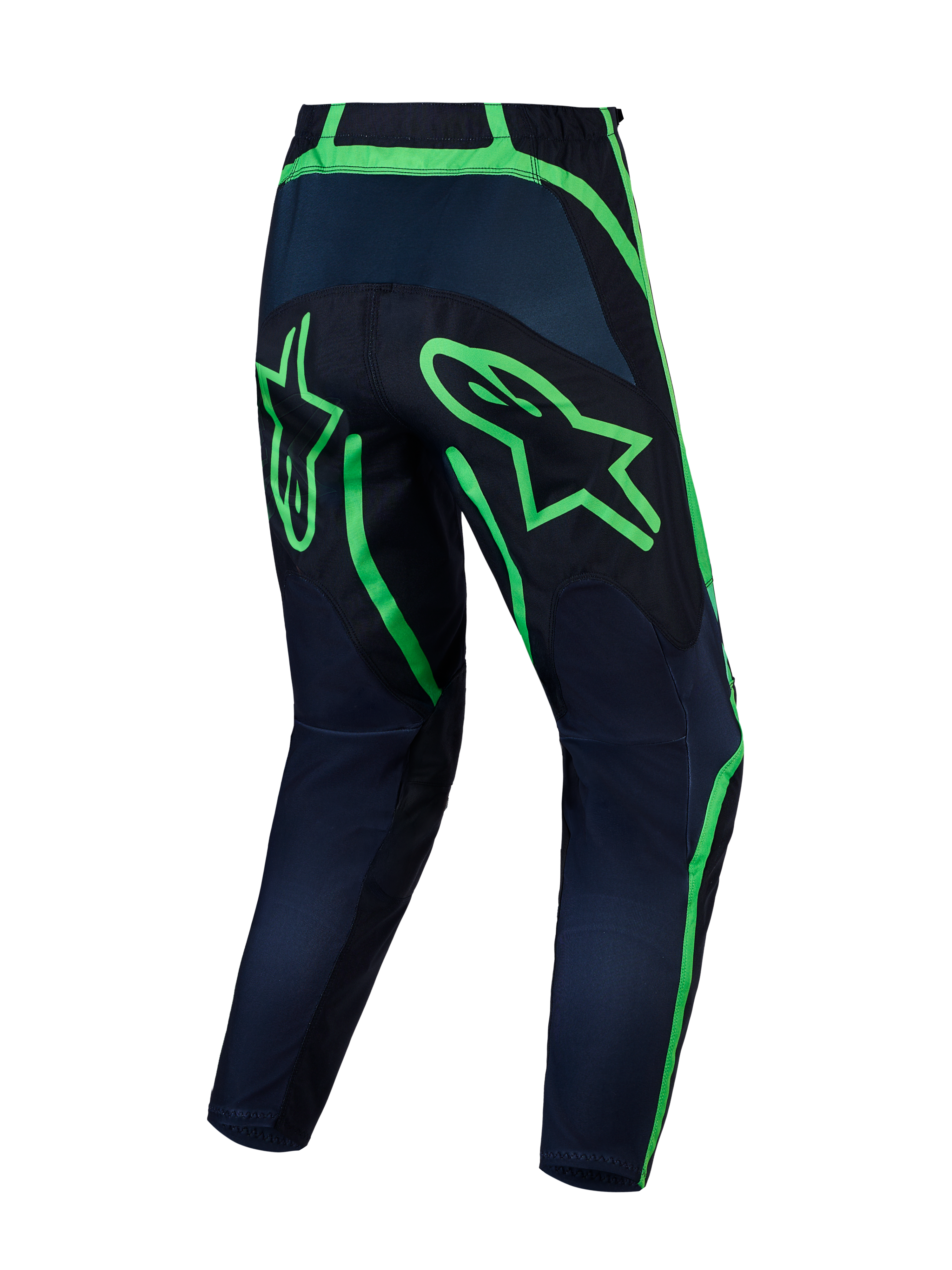 Alpinestars Fluid Apex V2 byxor, svarta och neongröna motocrossbyxor för herrar, vy bakifrån med stora logotyper, förböjda ben och slitstark 600D-polytextil.
