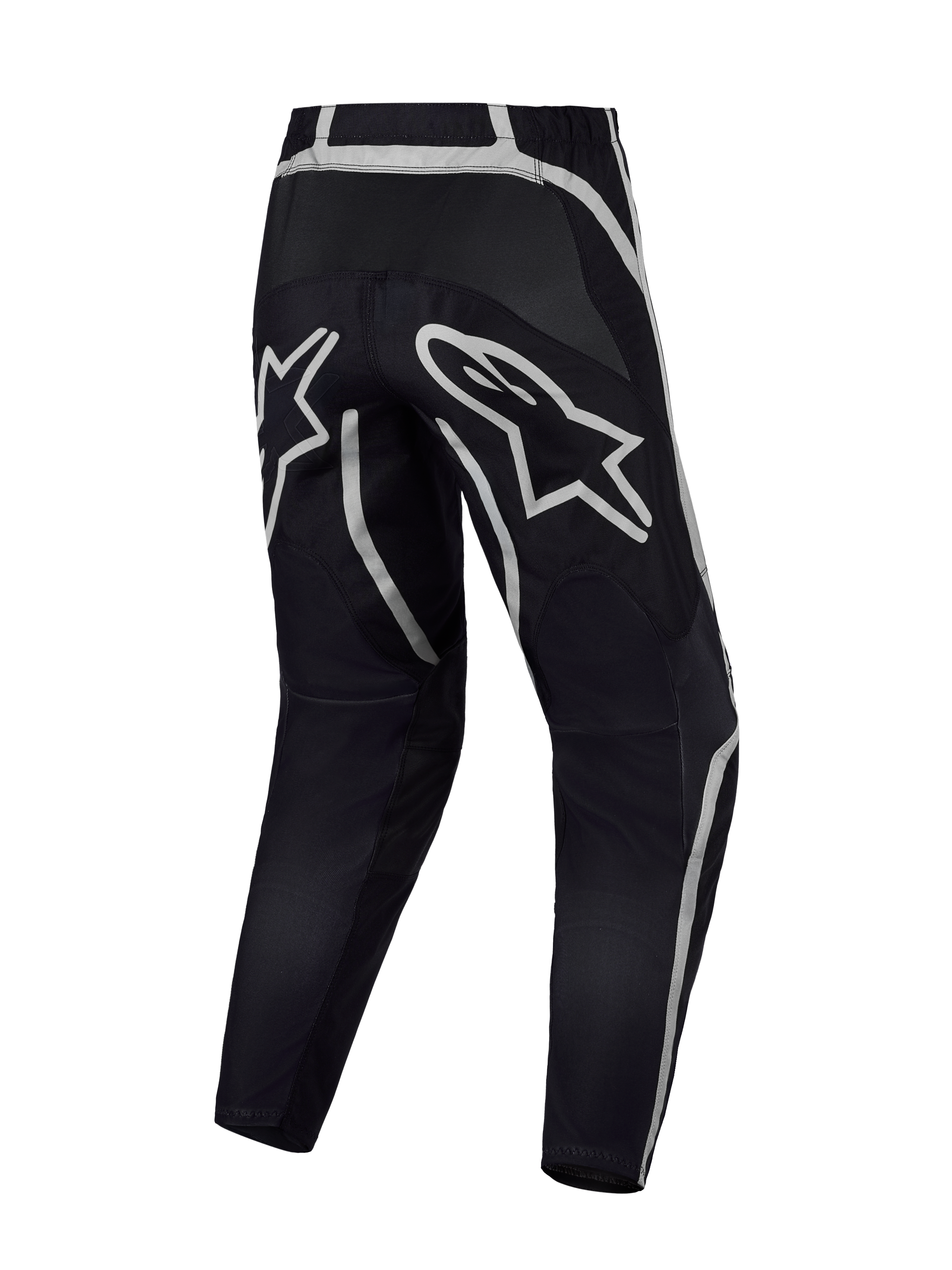 Alpinestars Fluid Apex V2 byxor, svarta och silver motocrossbyxor sedda bakifrån med förstärkt säte och A-star-logotyp.