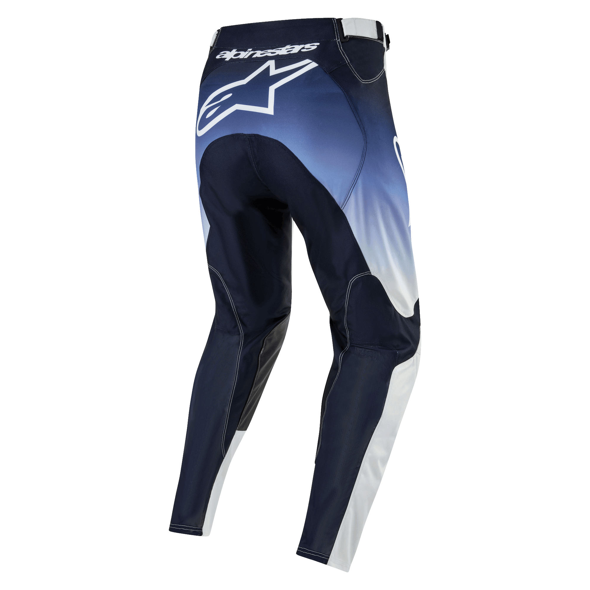 Alpinestars 2024 Racer Hoen byxor, motocrossbyxor sedda bakifrån, mörkblå och ljusblå gradient med vita accenter, stor vit Alpinestars-logotyp på sätet, tekniskt material för terrängkörning, ergonomisk passform