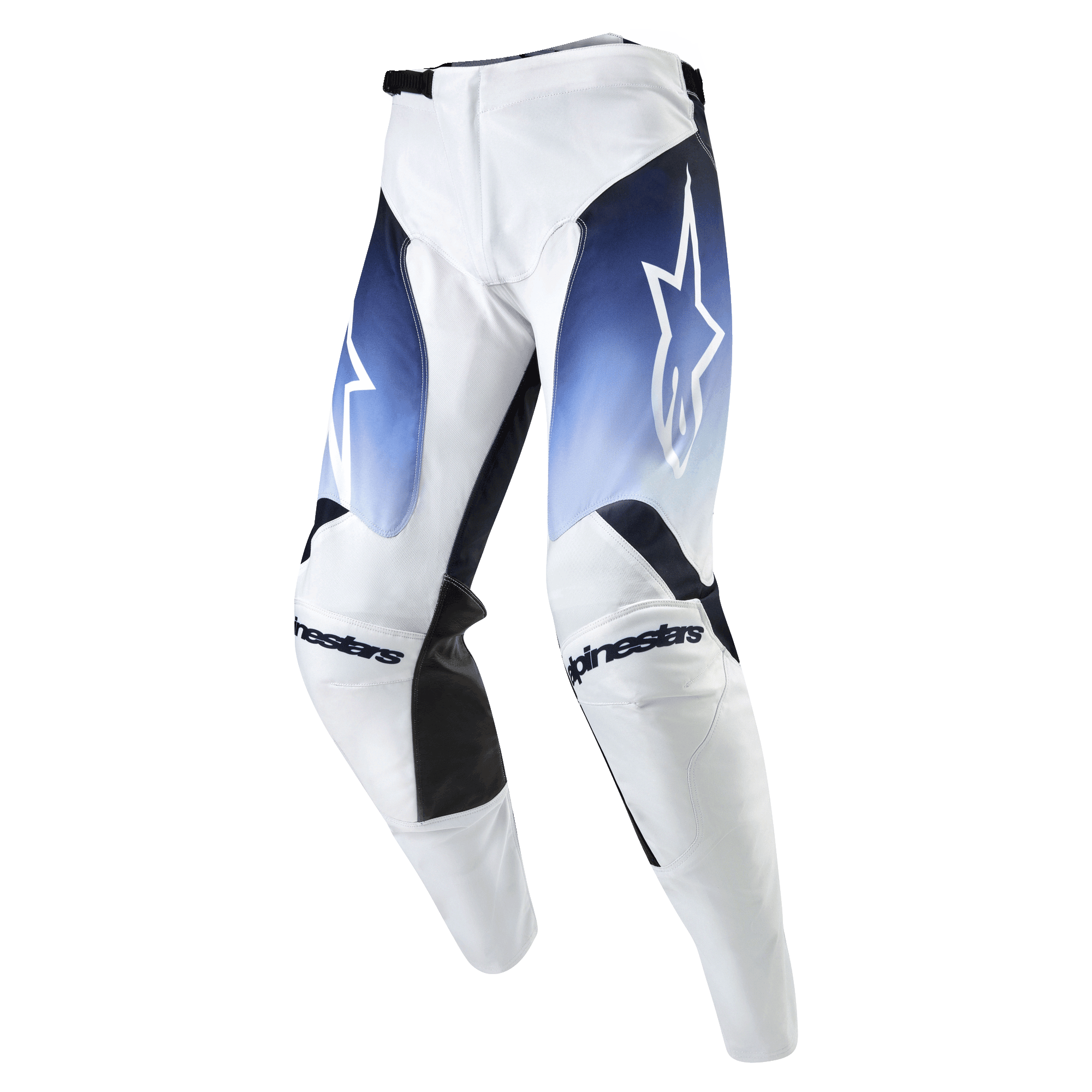 Alpinestars 2024 Racer Hoen byxor, motocrossbyxor, vita med mörk marinblå och ljusblå tonade paneler, vit stjärnlogotyp på låren, svarta Alpinestars-logotyper på knäna, slitstarkt material för terrängkörning