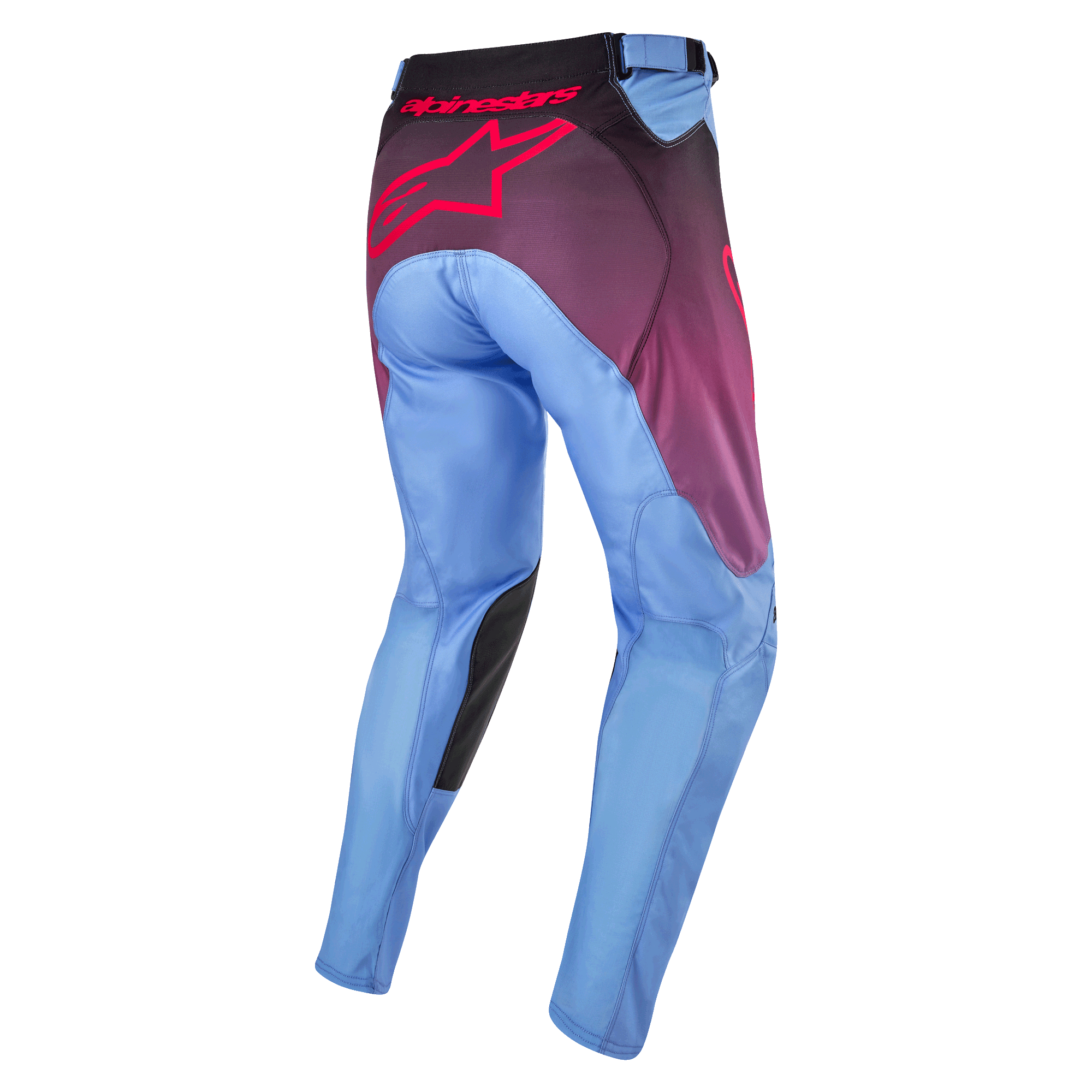Alpinestars 2024 Racer Hoen Pants, Motocross Pants, Lavan Purple and Black, rear view featuring light blue legs, large pink Alpinestars logo on the seat, black inner knee panels, and ergonomic pre-curved construction for off-road riding