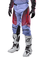 Alpinestars 2024 Racer Hoen Pants, Motocross Pants, Lavan Purple and Black with red graphics, featuring red star logos on the thighs and black lettering on the knees, worn with white and black boots and black gloves