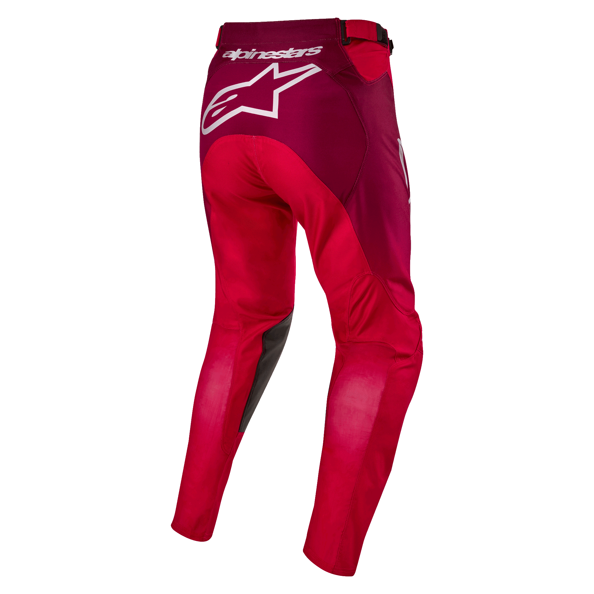 Alpinestars 2024 Racer Hoen byxor, motocrossbyxor, Mars Red och Burgundy, vy bakifrån som visar en stor vit Alpinestars-logotyp på sätet, ergonomisk förkrökt benkonstruktion, hållbart textilmaterial för terrängkörning