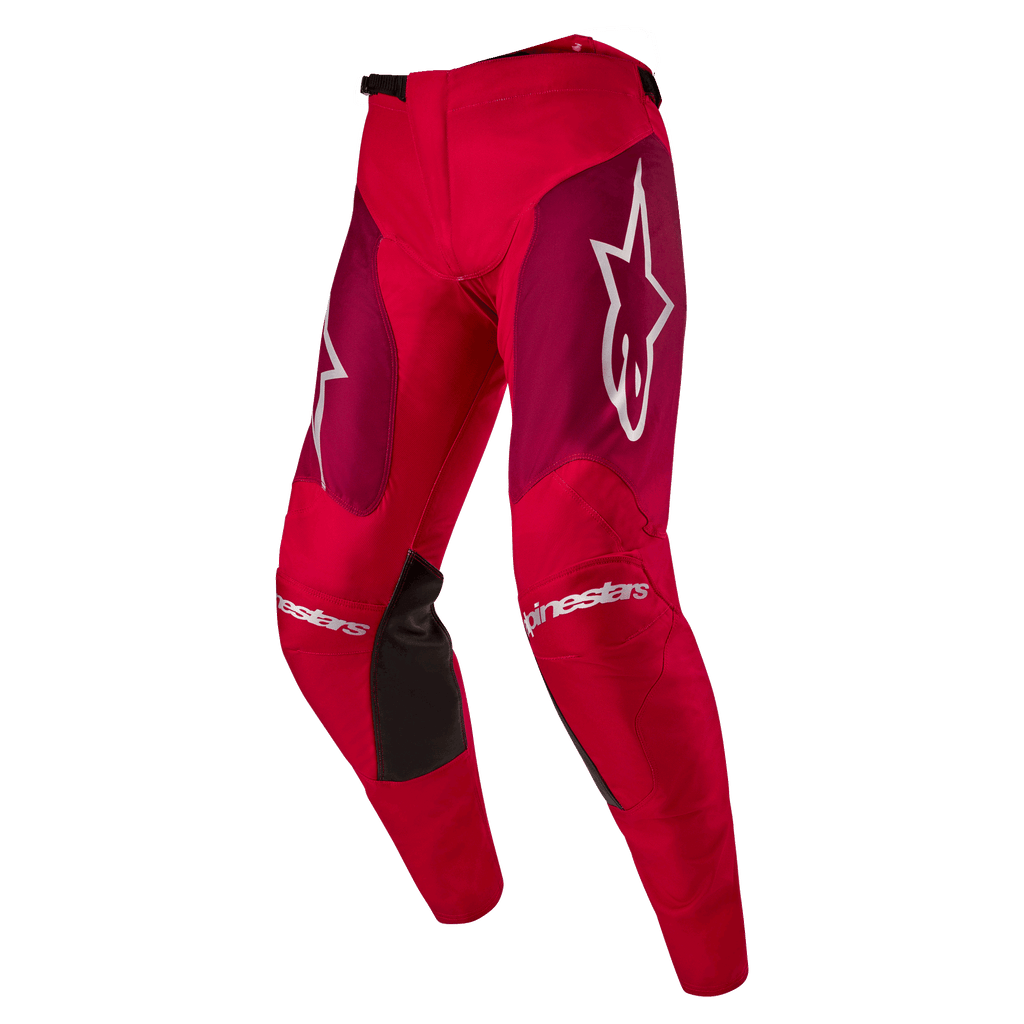 Alpinestars 2024 Racer Hoen-byxor, motocrossbyxor, Mars Red Burgundy, vinröda lårpaneler och vit Alpinestars-logotyp på knän och höfter, svarta greppaneler på insidan av knäna, sportig förböjd design för offroad-prestanda