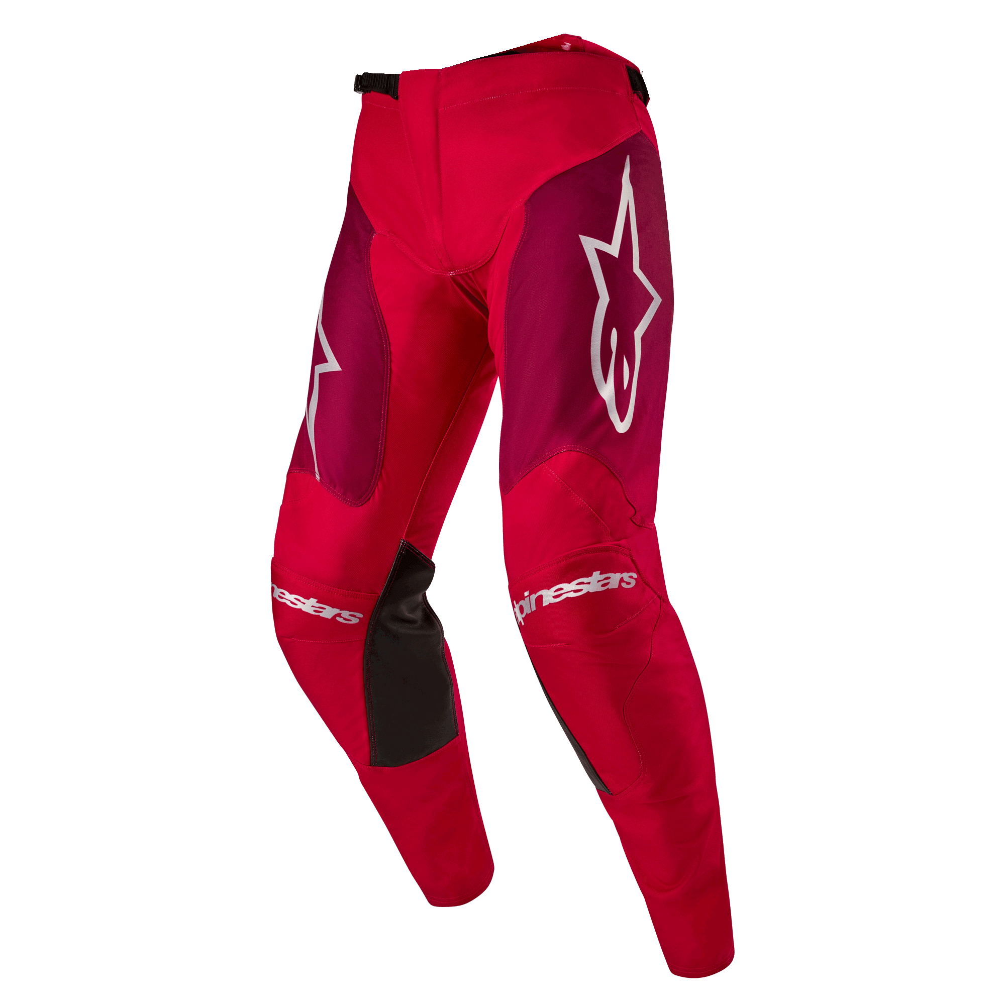 Alpinestars 2024 Racer Hoen-byxor, motocrossbyxor, Mars Red Burgundy, vinröda lårpaneler och vit Alpinestars-logotyp på knän och höfter, svarta greppaneler på insidan av knäna, sportig förböjd design för offroad-prestanda