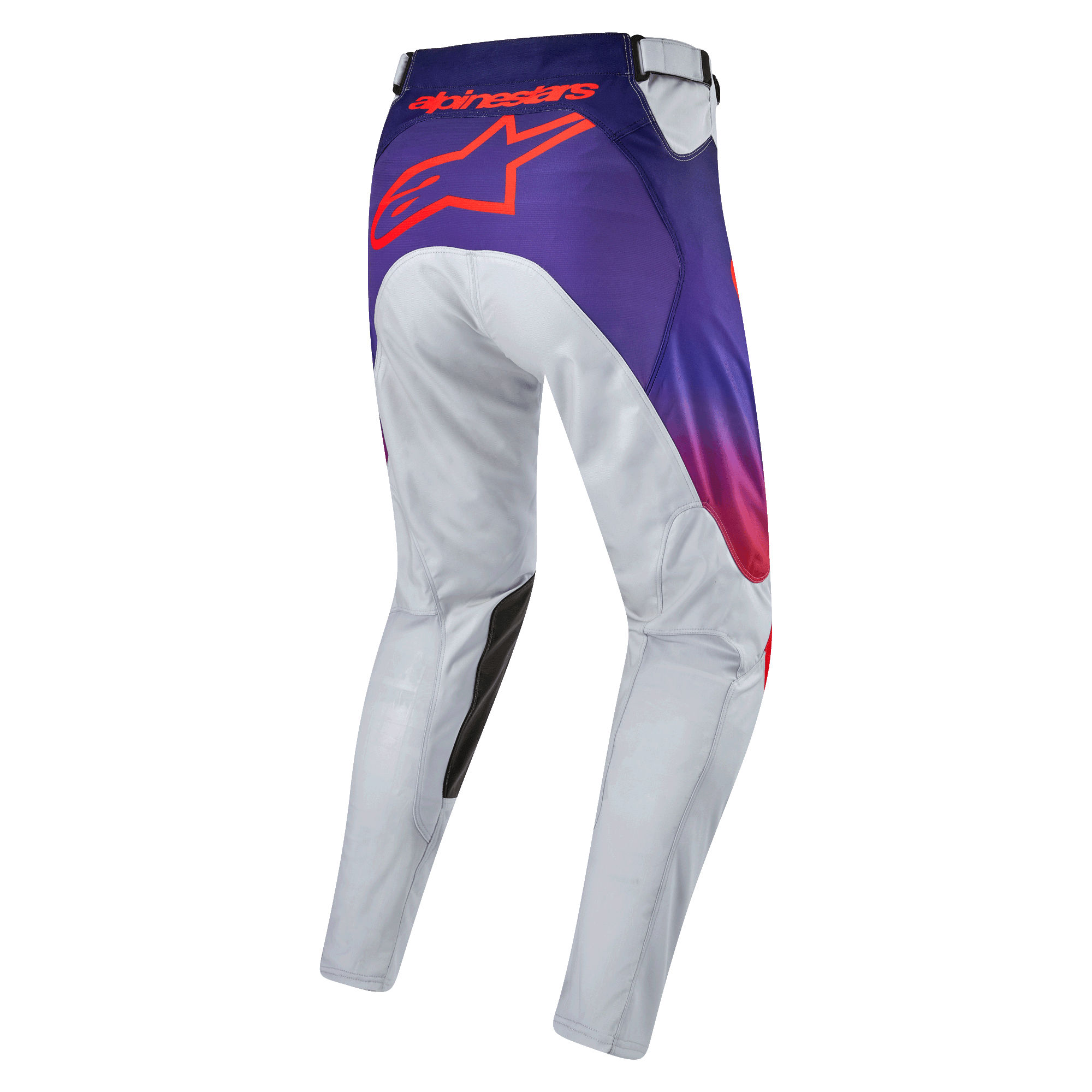 Alpinestars 2024 Racer Hoen byxor, baksida av motocrossbyxor i ljusgrått, lila och hot orange, stor röd stjärnlogotyp på sätet, svarta läderpaneler på innerknäna, slitstarkt material för terrängkörning