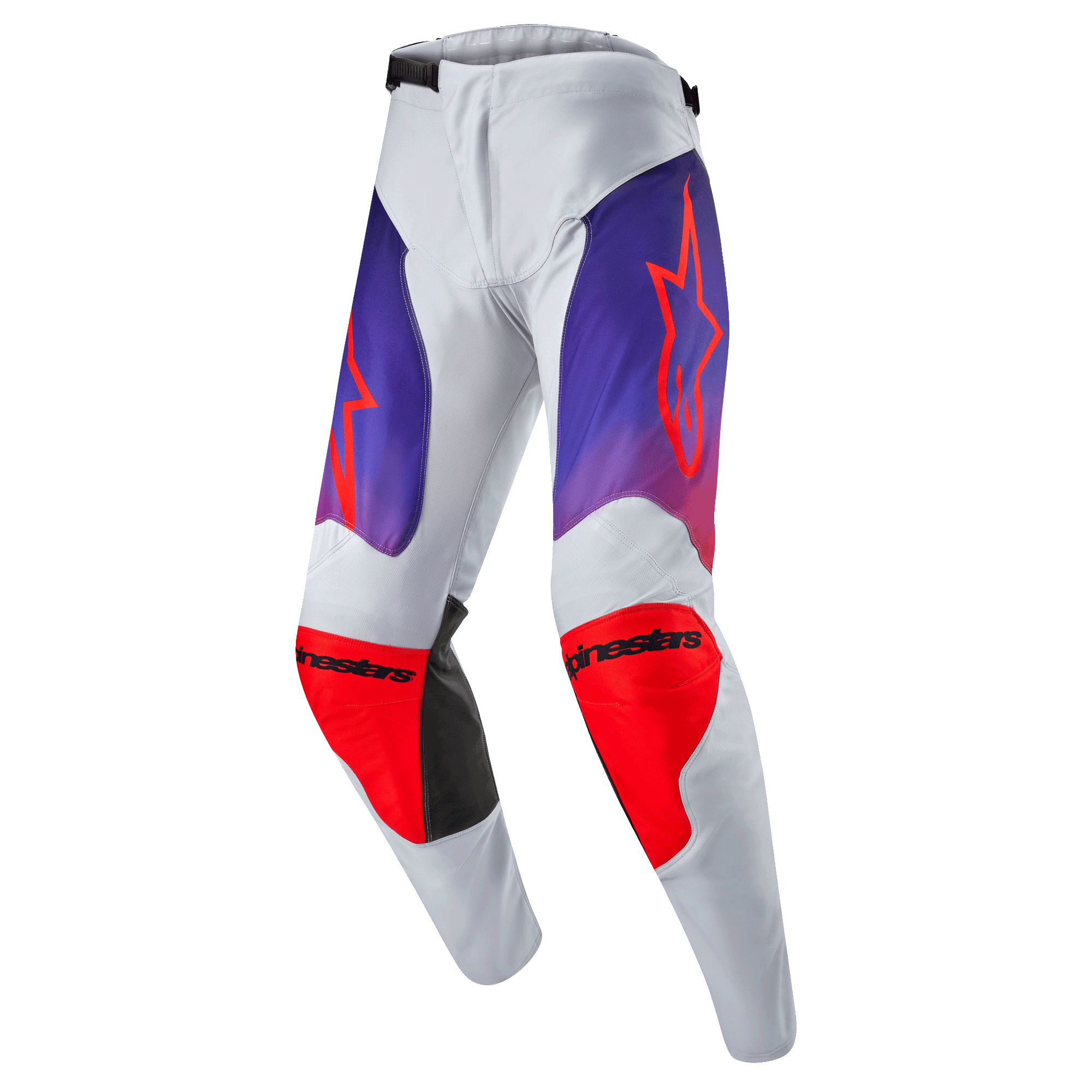 Alpinestars 2024 Racer Hoen byxor, motocrossbyxor, ljusgrå med lila tonade lårpaneler och starkt orangea knäskyddszoner, orange stjärnlogotyp på låren och svart text på knäna, slitstarkt material för off-road och terrängkörning