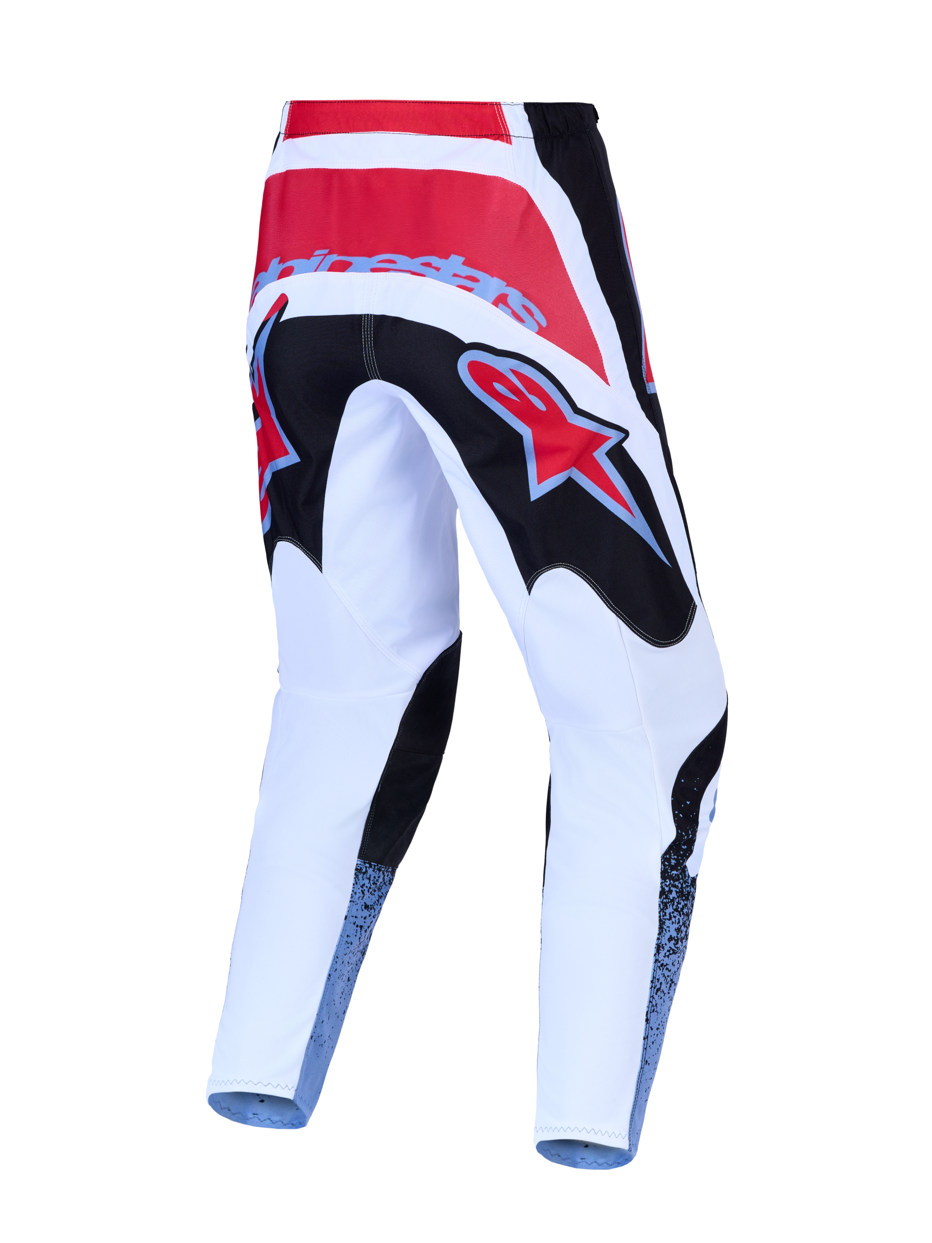 Alpinestars Fluid Drag motocrossbyxor, vy bakifrån i rött, vitt och svart, hållbar 600D polytygskonstruktion för terrängkörning