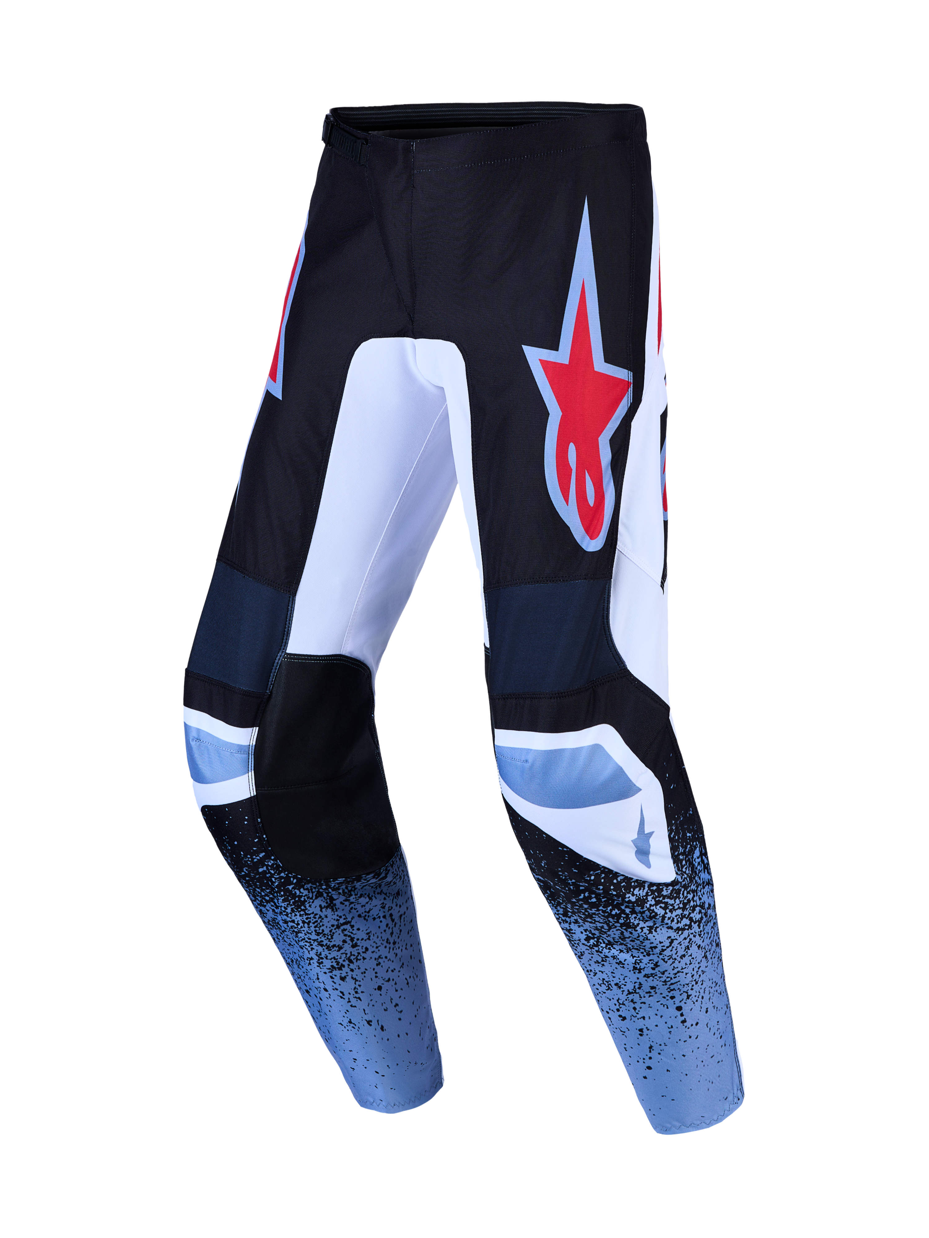Alpinestars Fluid Drag byxor, motocrossbyxor för herr, svarta och ljusblå, hållbart polytyg med ergonomisk förböjd passform för terrängkörning.