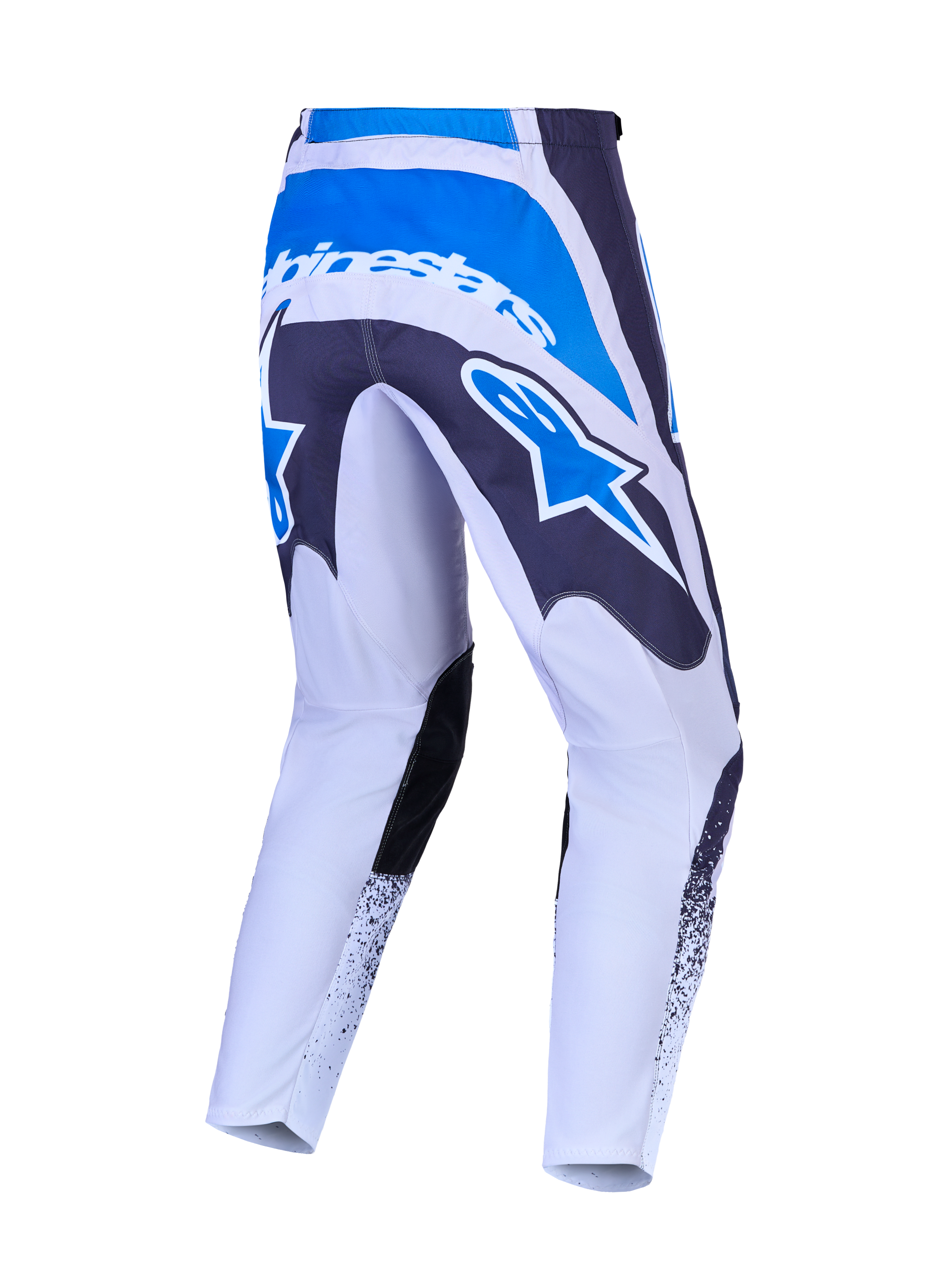 Alpinestars Fluid Drag byxor, motocrossbyxor för herrar, gråa och blåa med vita detaljer, förstärkt säte och stor stjärnlogotyp på baksidan, hållbar design för terrängkörning