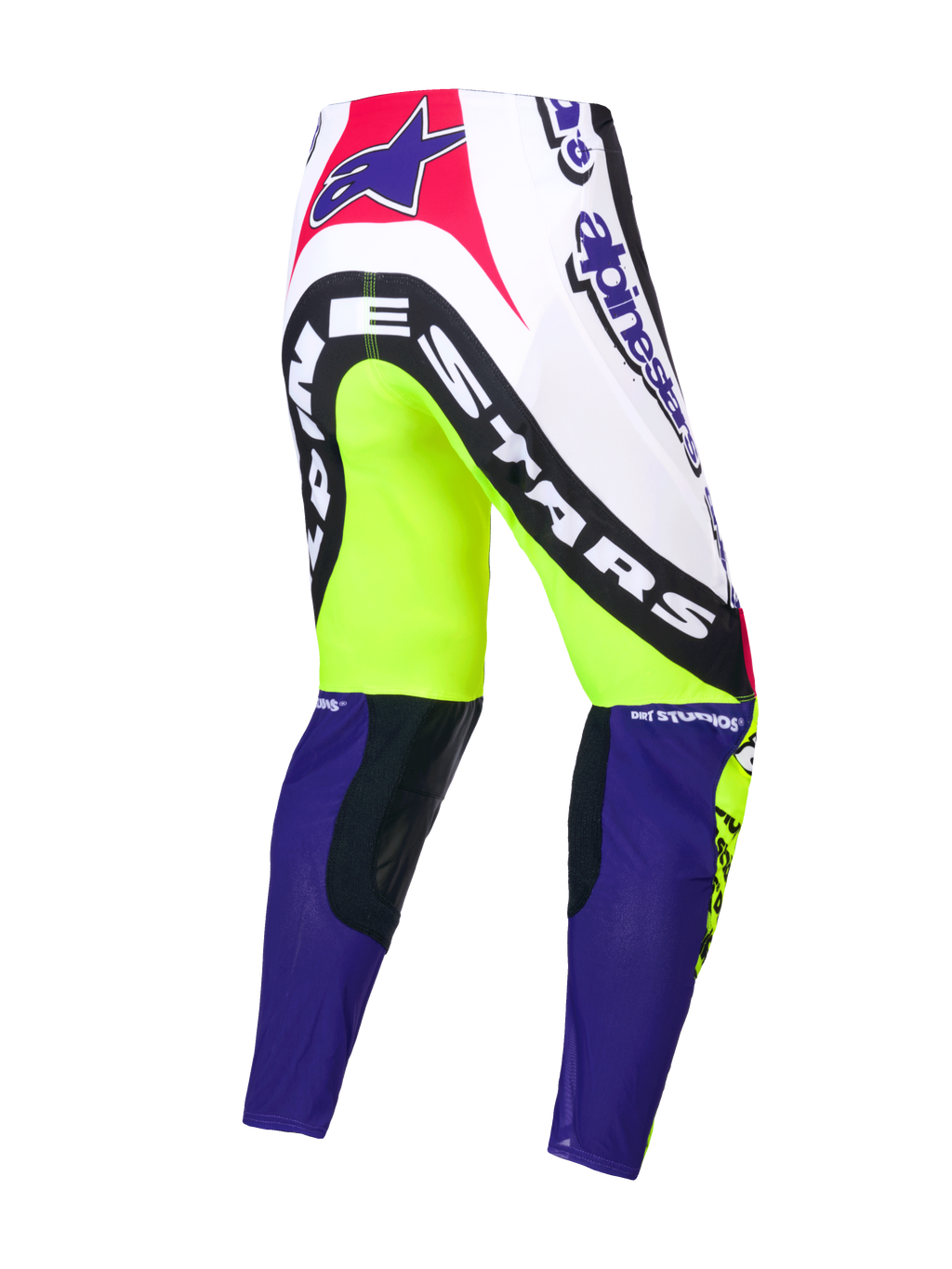 Alpinestars Begränsad Upplaga Supertech Dirt Studios byxor, motocrossbyxor, vita, lila och gula, enskikts stretch-ripstop med läderknäpaneler, bakifrån som visar märkets grafik