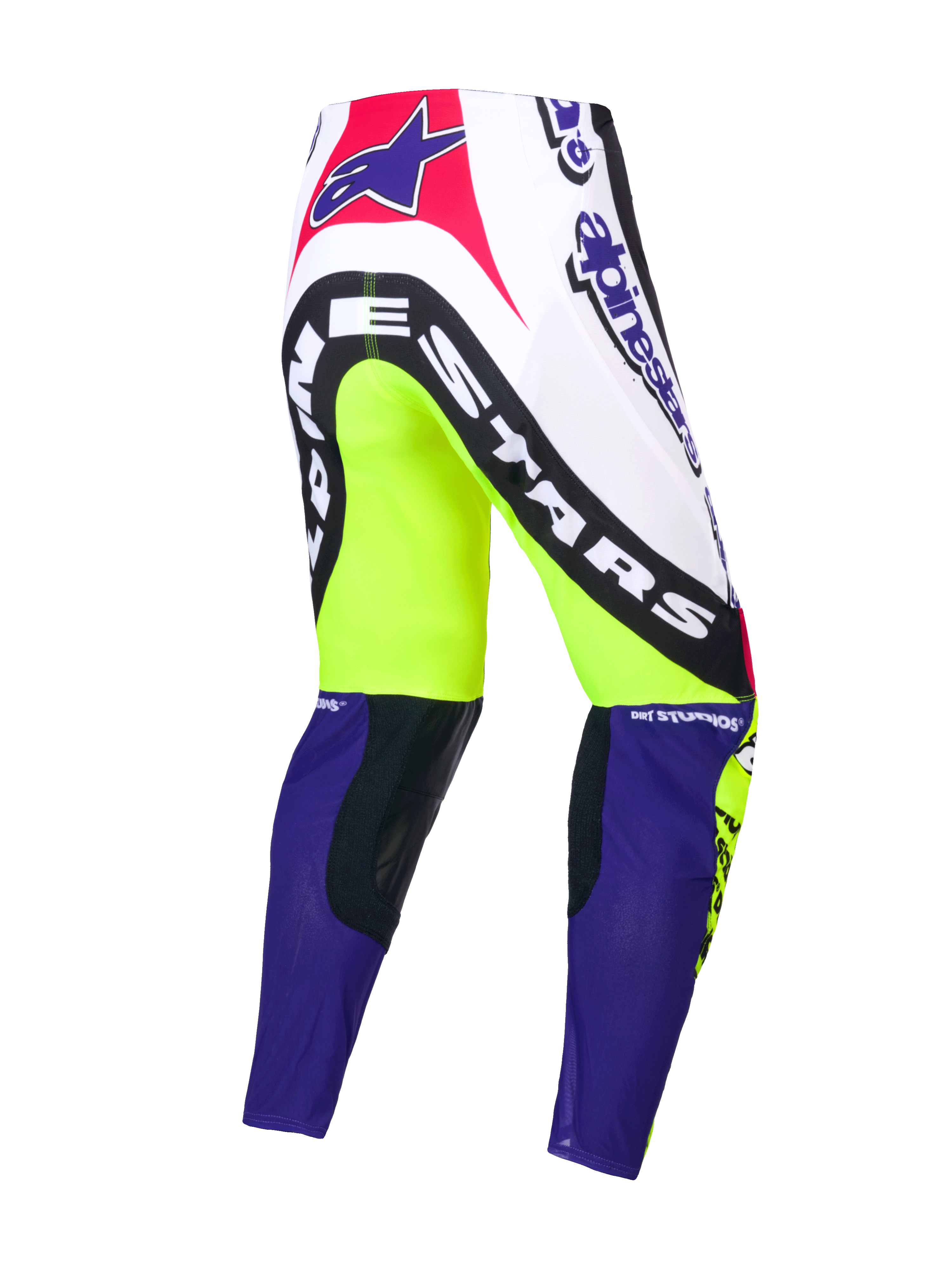 Alpinestars Begränsad Upplaga Supertech Dirt Studios byxor, motocrossbyxor, vita, lila och gula, enskikts stretch-ripstop med läderknäpaneler, bakifrån som visar märkets grafik