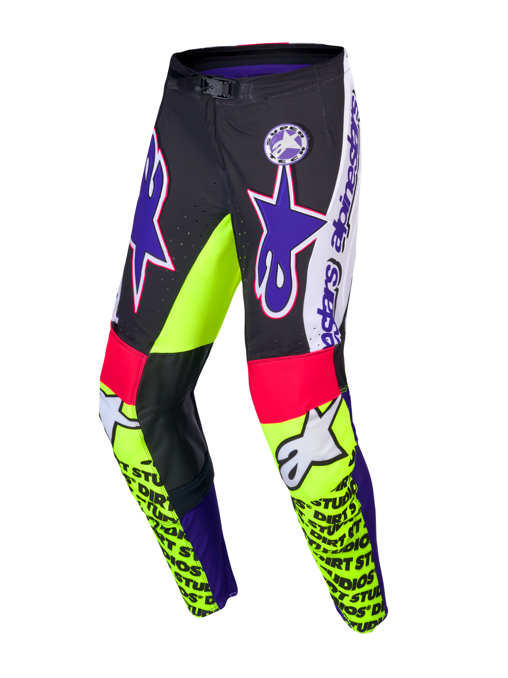 Alpinestars Begränsad Upplaga Supertech Dirt Studios byxor, motocrossbyxor, vita, lila och gula fluro, enskikts stretch-ripstopmaterial med läderknäpaneler