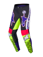 Alpinestars Begränsad Upplaga Supertech Dirt Studios byxor, motocrossbyxor, vita, lila och gula fluro, enskikts stretch-ripstopmaterial med läderknäpaneler