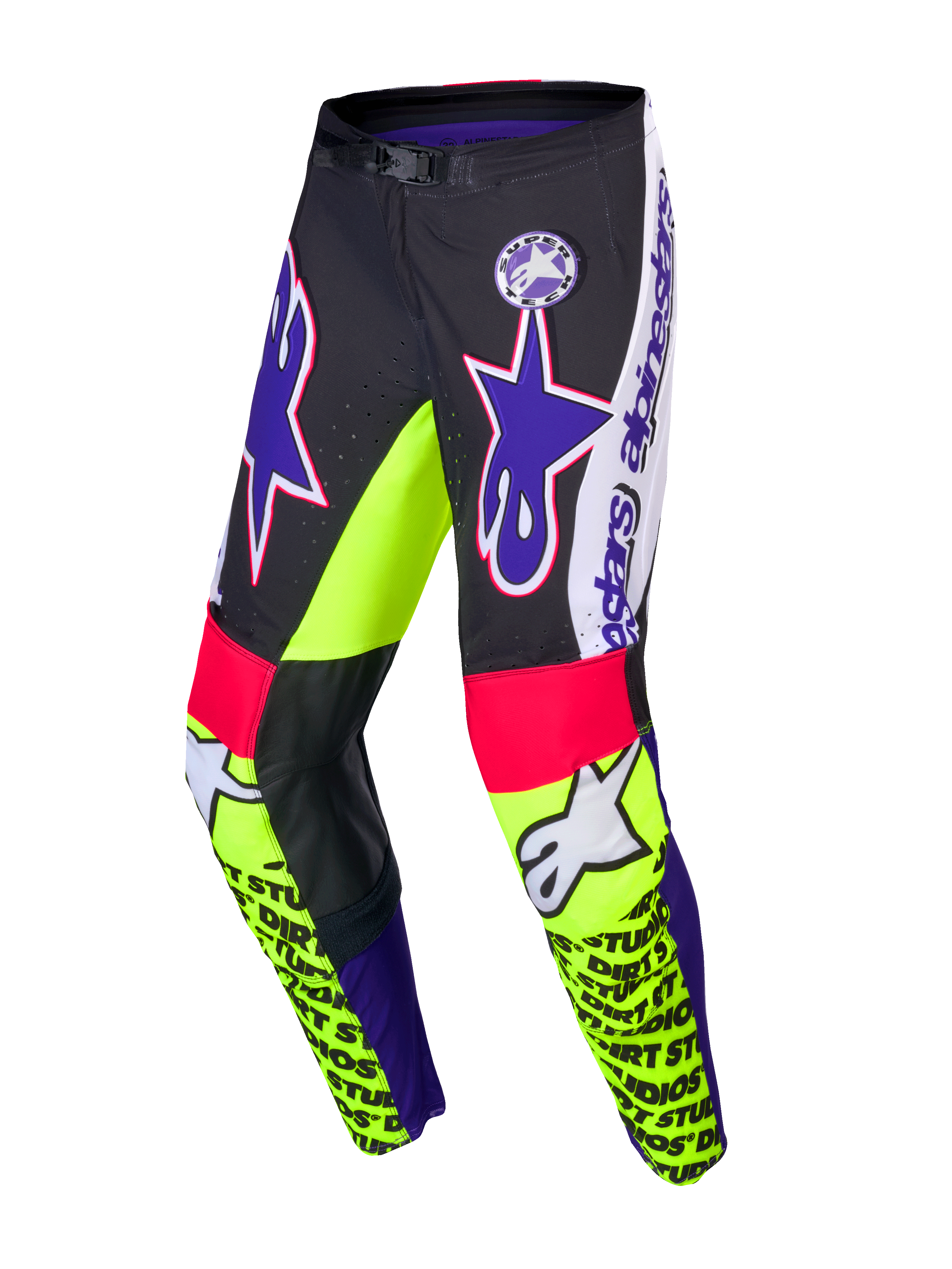 Alpinestars Begränsad Upplaga Supertech Dirt Studios byxor, motocrossbyxor, vita, lila och gula fluro, enskikts stretch-ripstopmaterial med läderknäpaneler