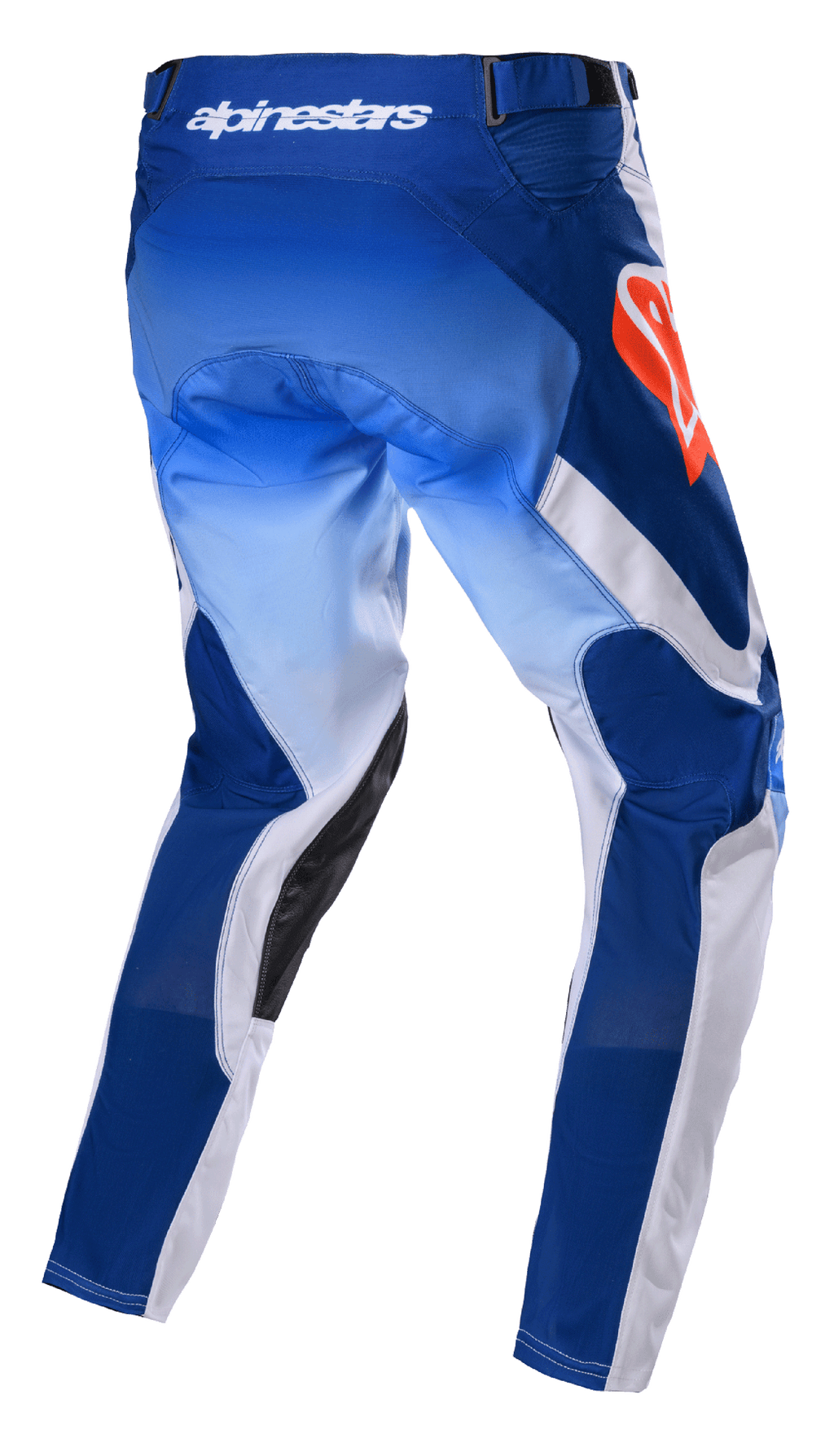 Alpinestars 2023 Racer Semi byxor, motocrossbyxor, Blue Hot Orange, baksida som visar tonade blå och vita paneler, hot orange Alpinestars-logotyp på höften, svarta läderförstärkningar på insidan av benen, teknisk design för terrängkörning