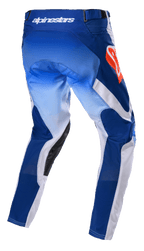 Alpinestars 2023 Racer Semi byxor, motocrossbyxor, Blue Hot Orange, baksida som visar tonade blå och vita paneler, hot orange Alpinestars-logotyp på höften, svarta läderförstärkningar på insidan av benen, teknisk design för terrängkörning