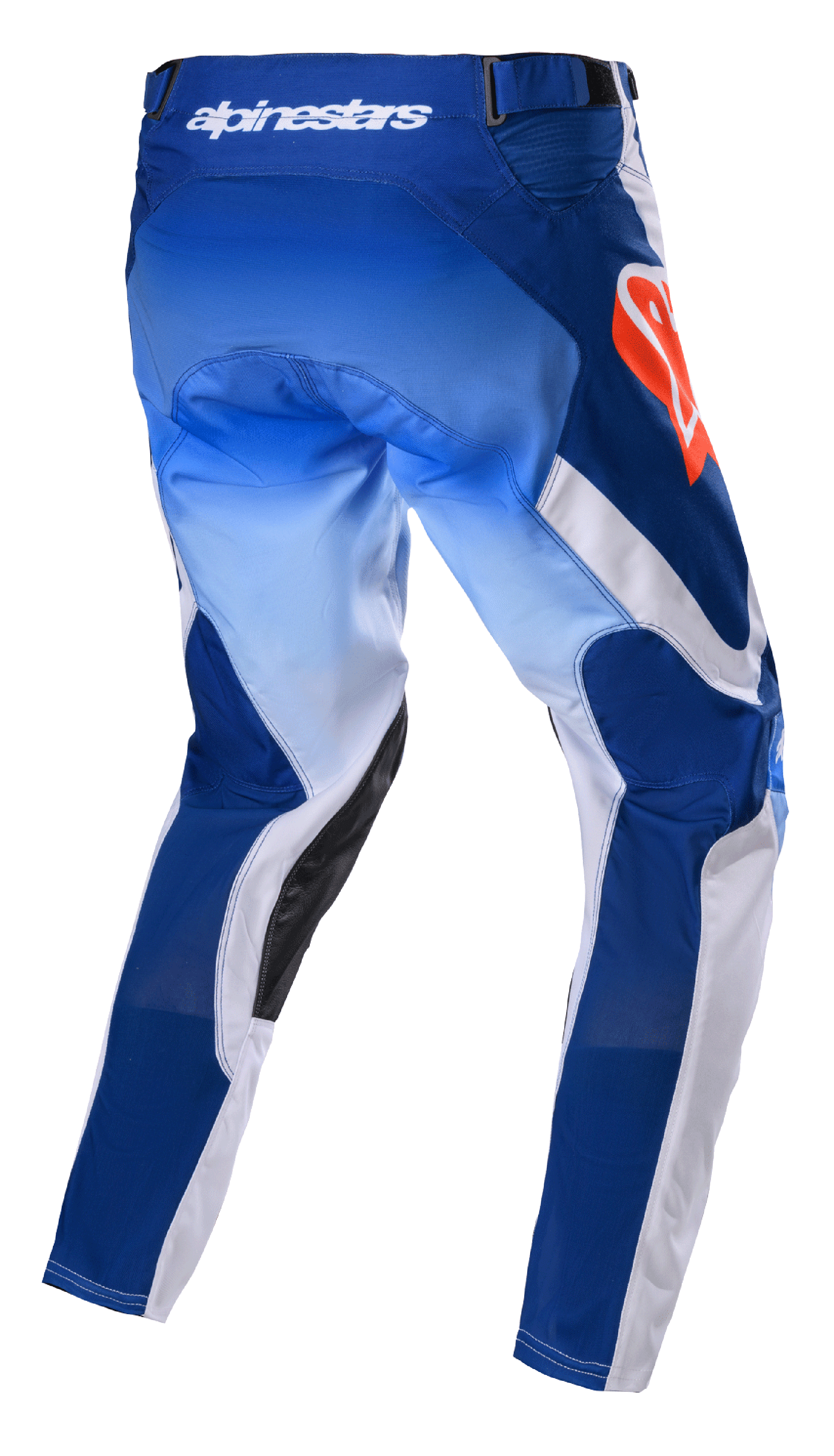 Alpinestars 2023 Racer Semi byxor, motocrossbyxor, Blue Hot Orange, baksida som visar tonade blå och vita paneler, hot orange Alpinestars-logotyp på höften, svarta läderförstärkningar på insidan av benen, teknisk design för terrängkörning