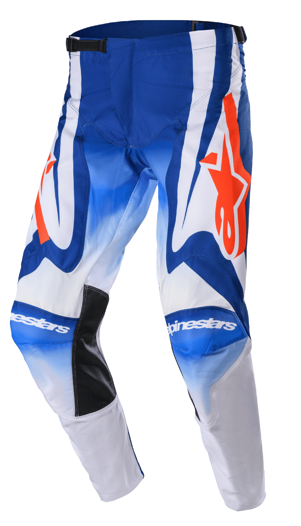 Alpinestars 2023 Racer Semi-byxor, motocrossbyxor, blå, vita och starkt orangea, med stora orangea stjärnlogotyper, svarta värmebeständiga innerpaneler vid knäna och en förböjd ergonomisk design för prestanda vid terrängkörning.
