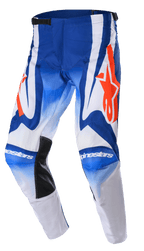 Alpinestars 2023 Racer Semi-byxor, motocrossbyxor, blå, vita och starkt orangea, med stora orangea stjärnlogotyper, svarta värmebeständiga innerpaneler vid knäna och en förböjd ergonomisk design för prestanda vid terrängkörning.